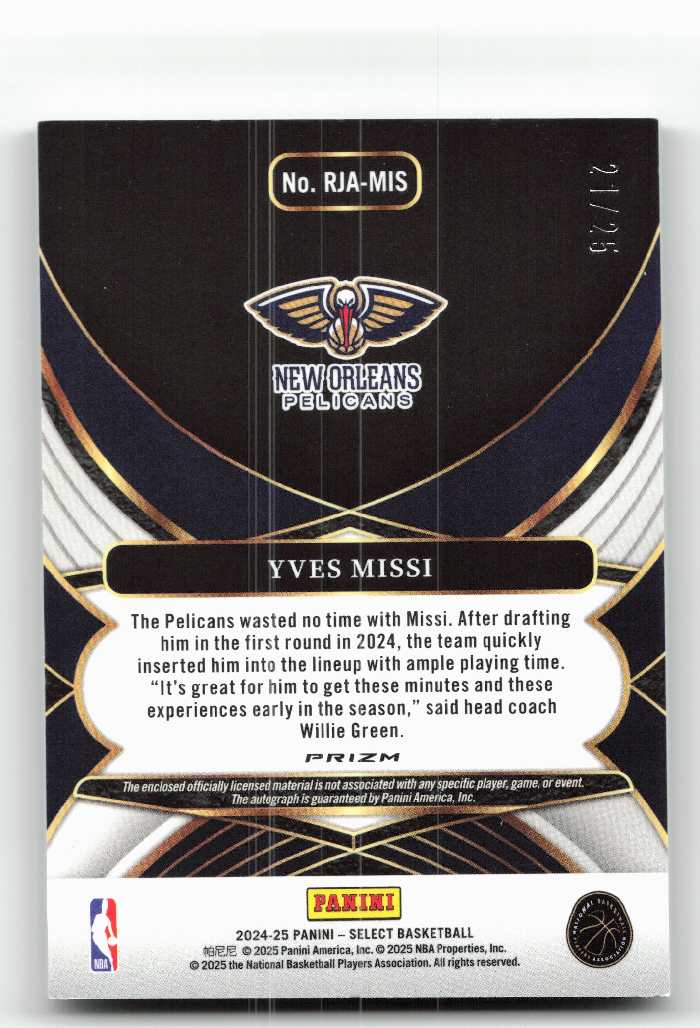 2024-25 Panini Select #RJA-MIS Yves Missi Rookie Tie Dye Prizms #/25