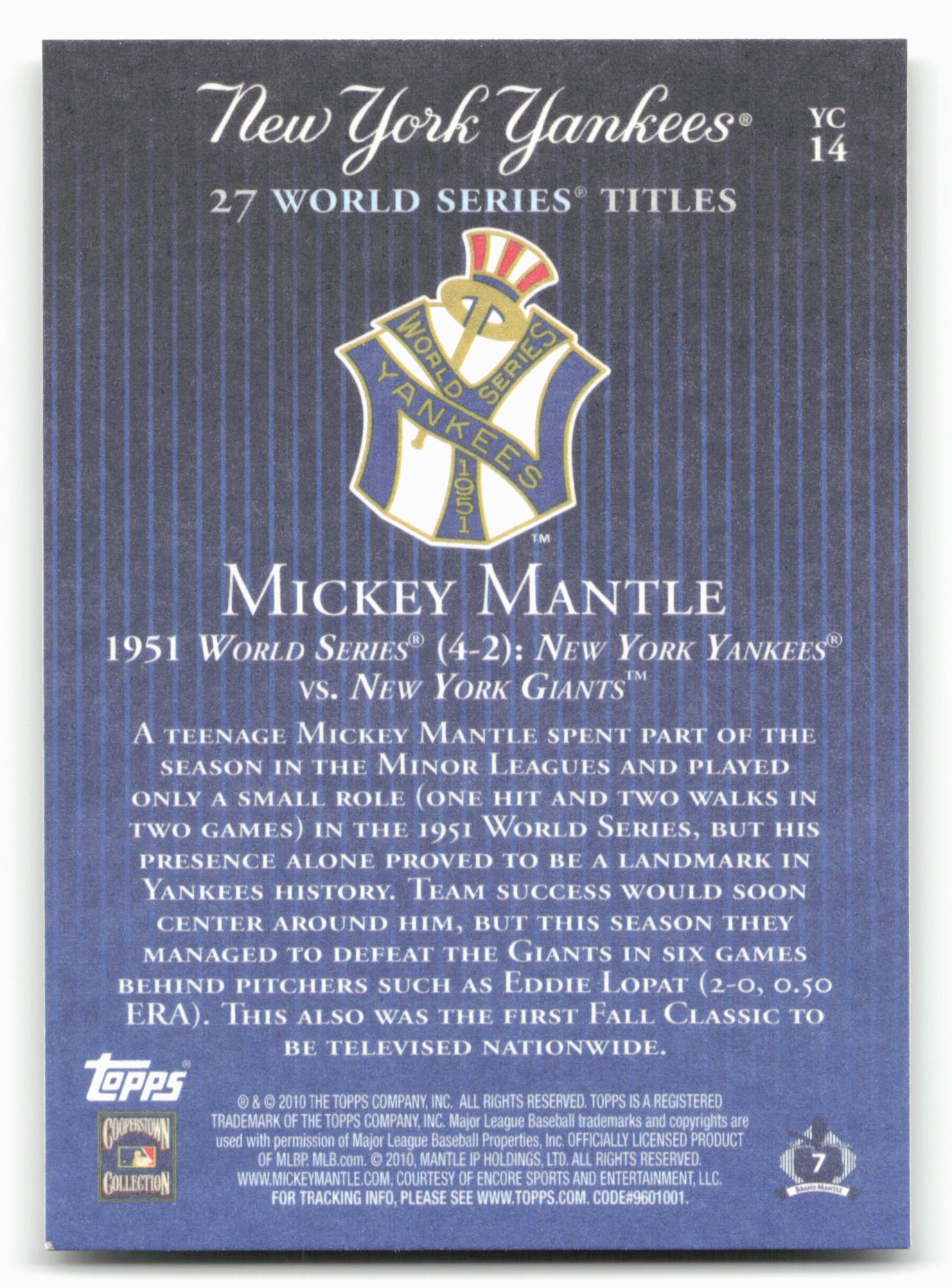 2010 Topps New York Yankees 27 World Series Championships #YC14 Mickey Mantle