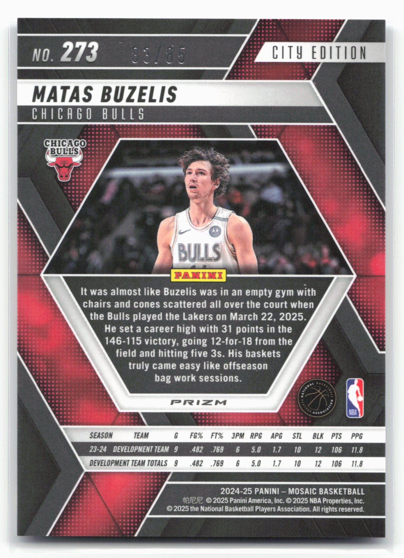 2024-25 Panini Mosaic #273 Matas Buzelis Fast Break Blue Mosaic 83/85