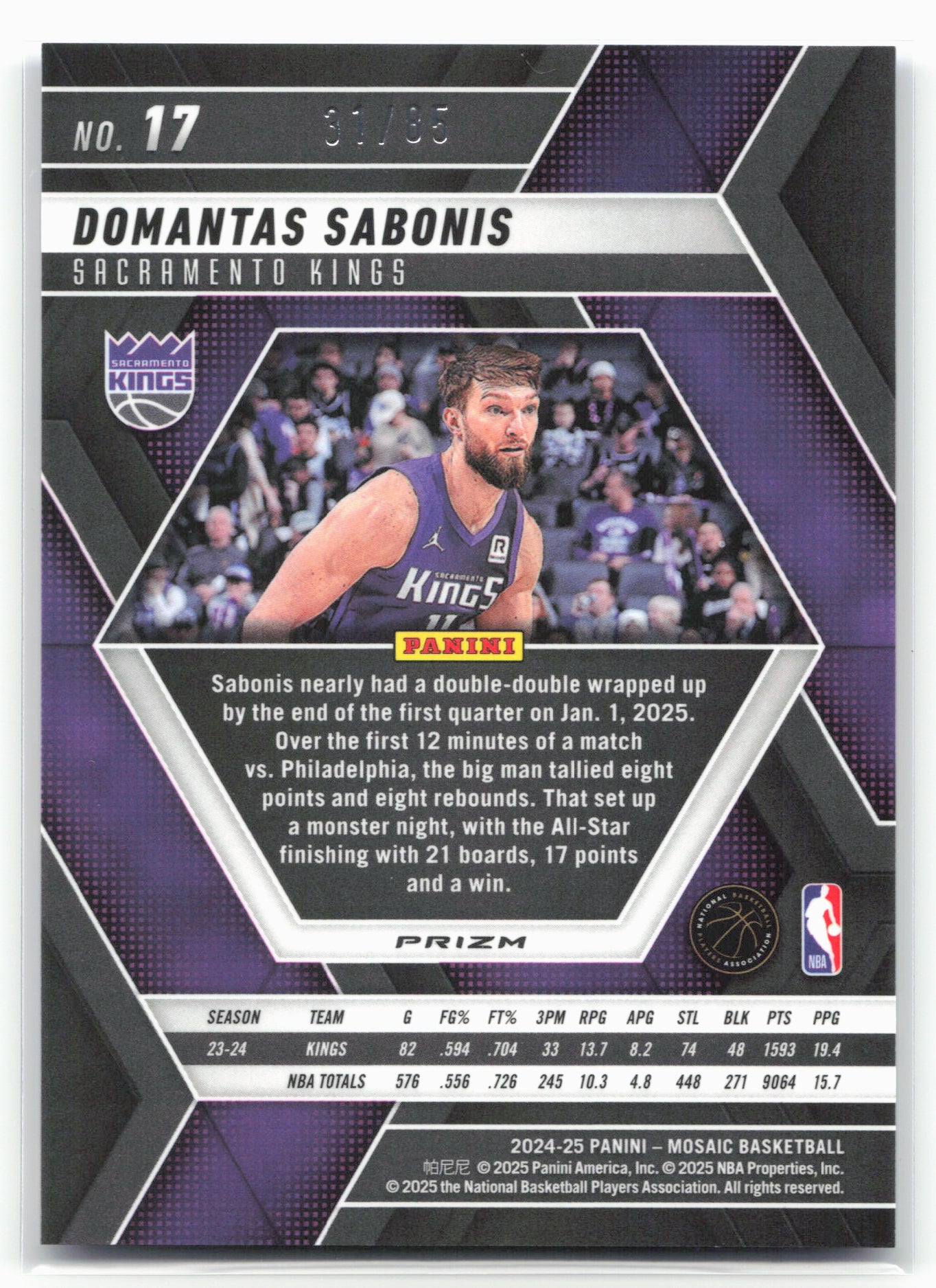 2024-25 Panini Mosaic #17 Domantas Sabonis Fast Break Blue Mosaic #/85