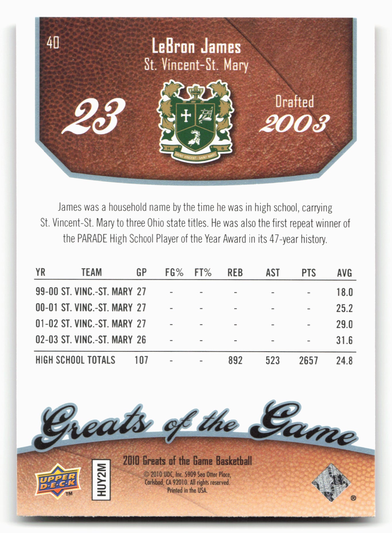 2009-10 Upper Deck Greats of the Game #40 LeBron James