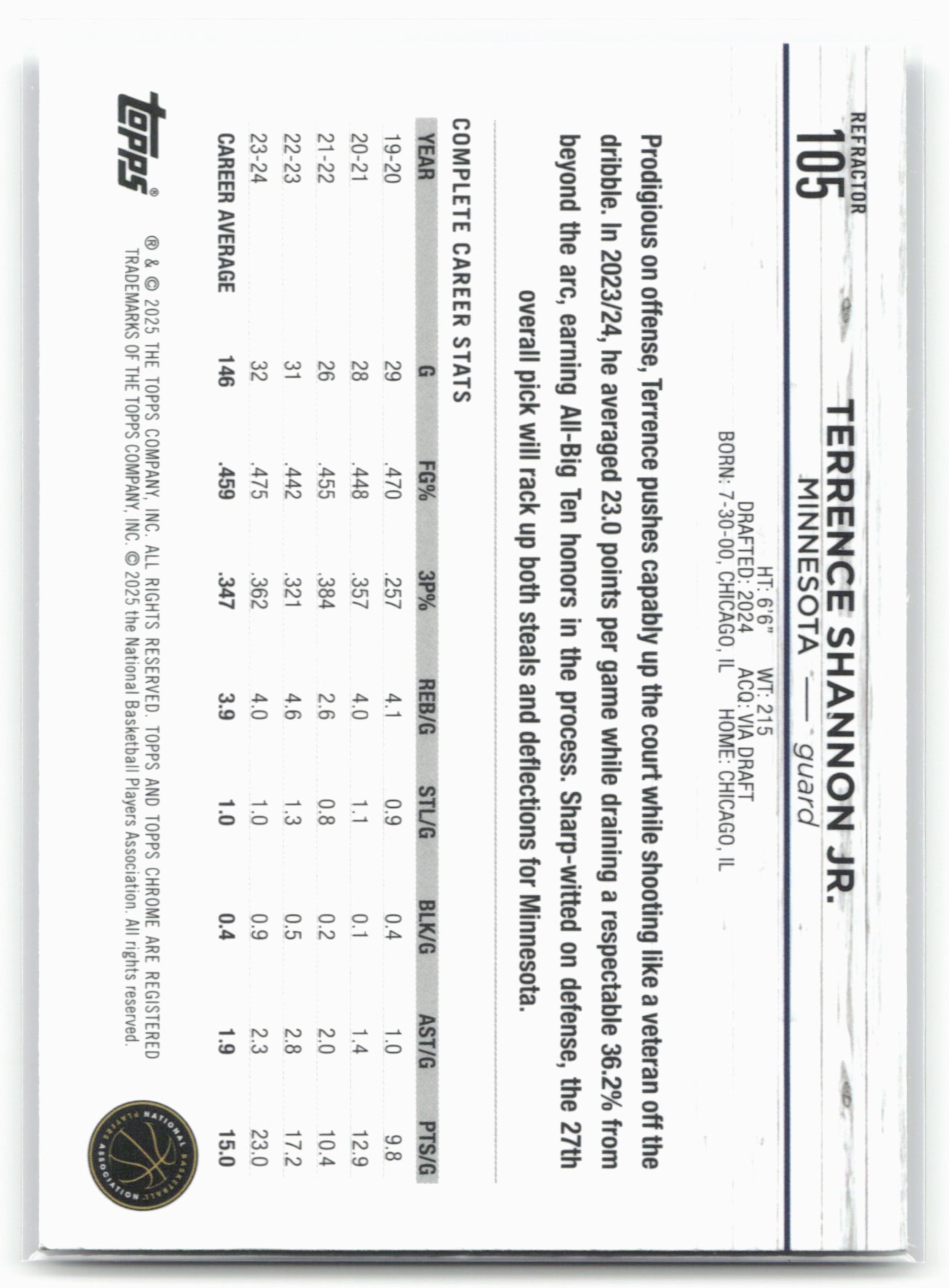 2024-25 Topps Chrome #105 Terrence Shannon Jr. Refractor