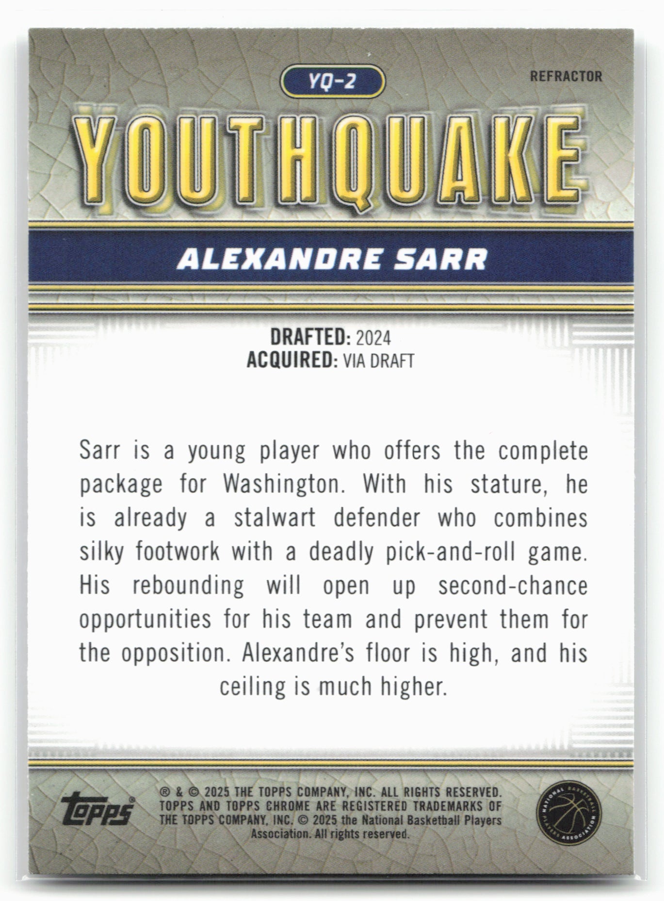 2024-25 Topps Chrome #YQ-2 Alexandre Sarr YouthQuake Refractor