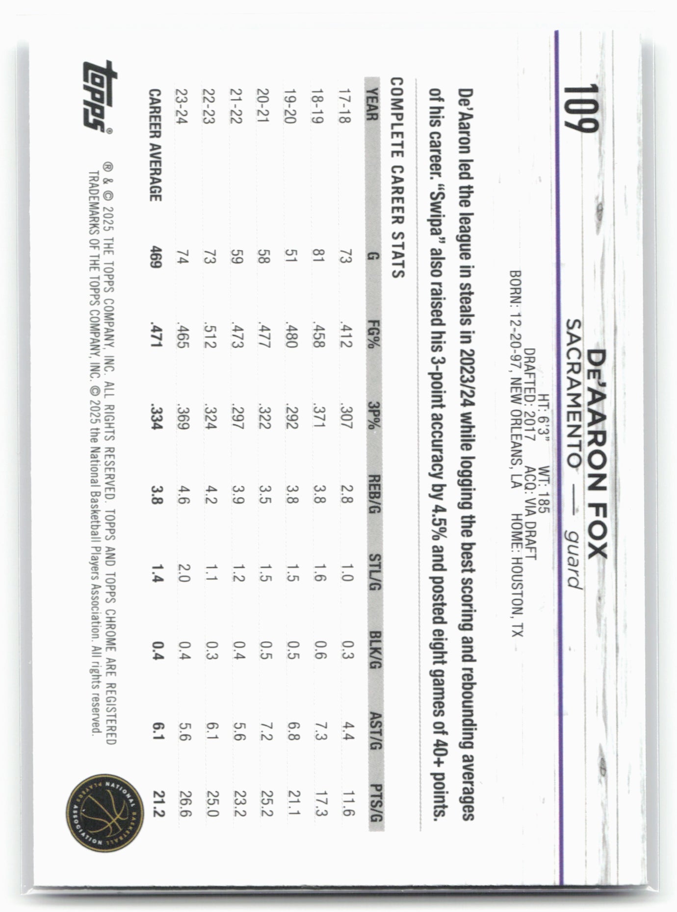 2024-25 Topps Chrome #109 De'Aaron Fox Purple Sonar Refractor #/275
