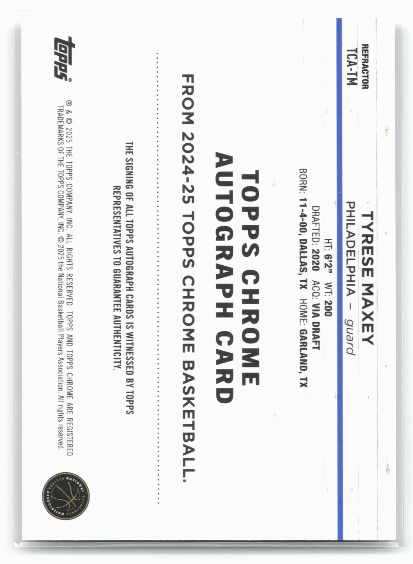 2024-25 Topps Chrome #TCA-TM Tyrese Maxey Topps Chrome Autographs Refractor