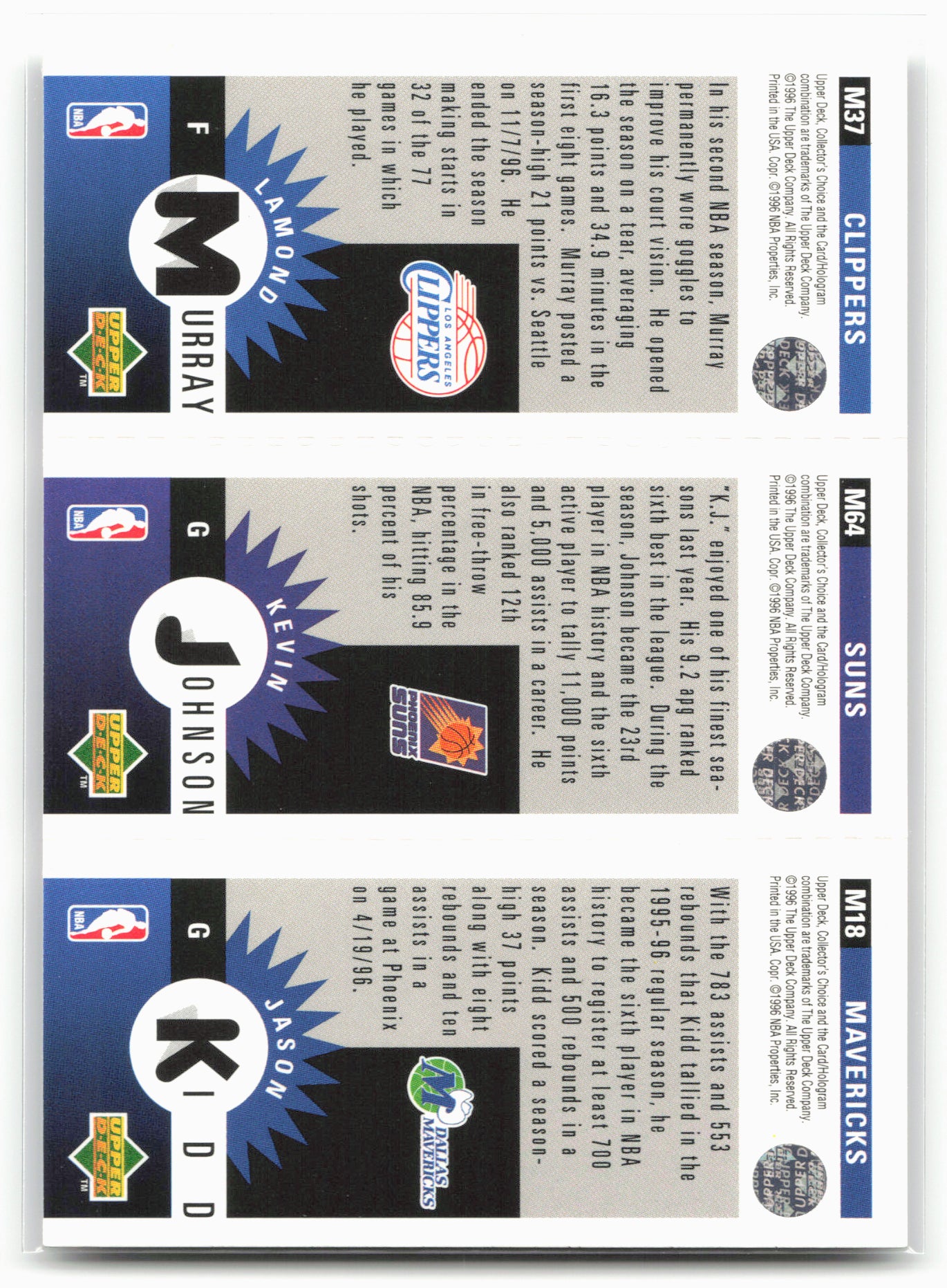 1996-97 Collector's Choice Kidd / Johnson / Murray Mini-Cards Panels