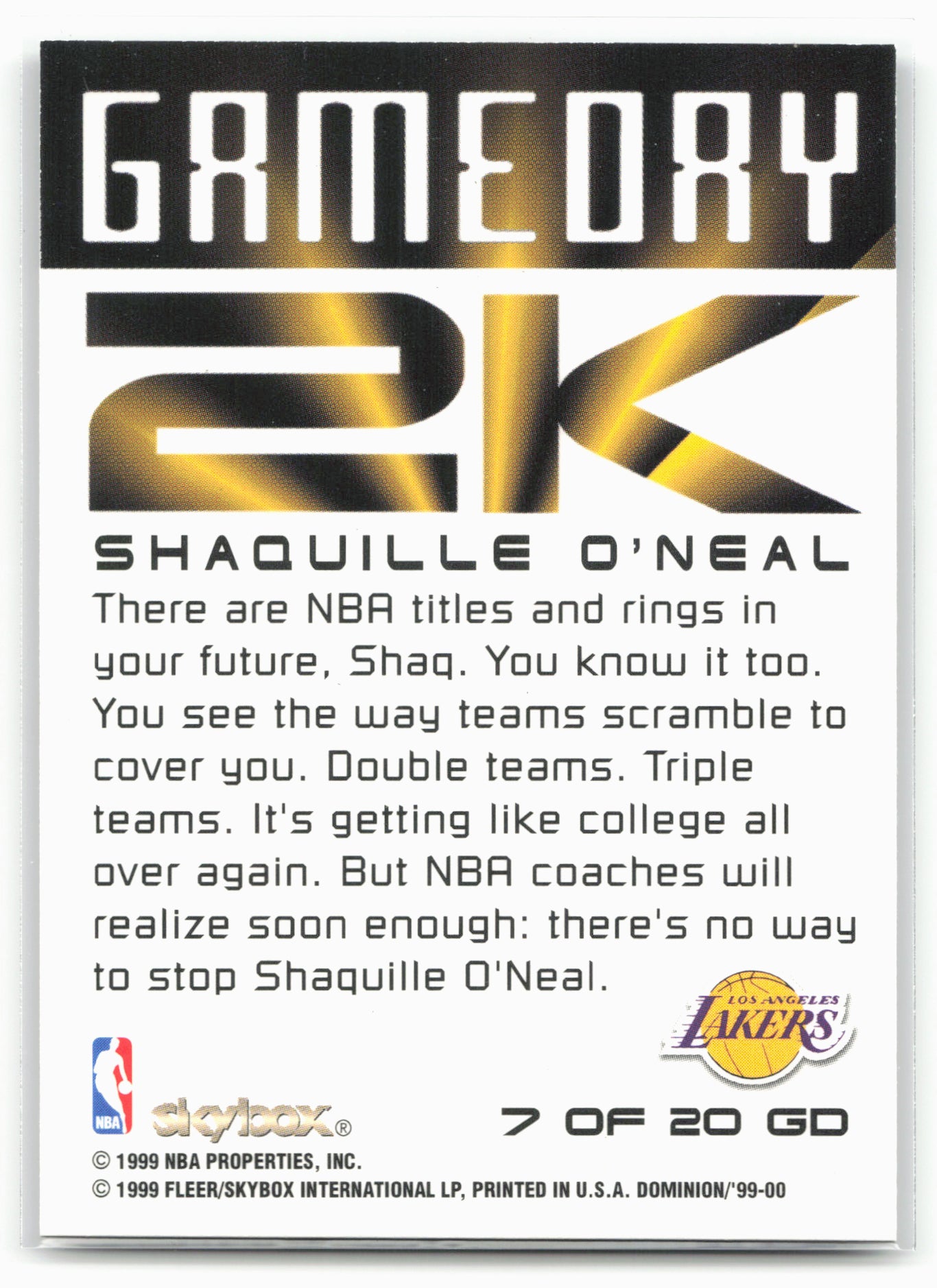 1999-00 SkyBox Dominion #7 GD Shaquille O'Neal Game Day 2K