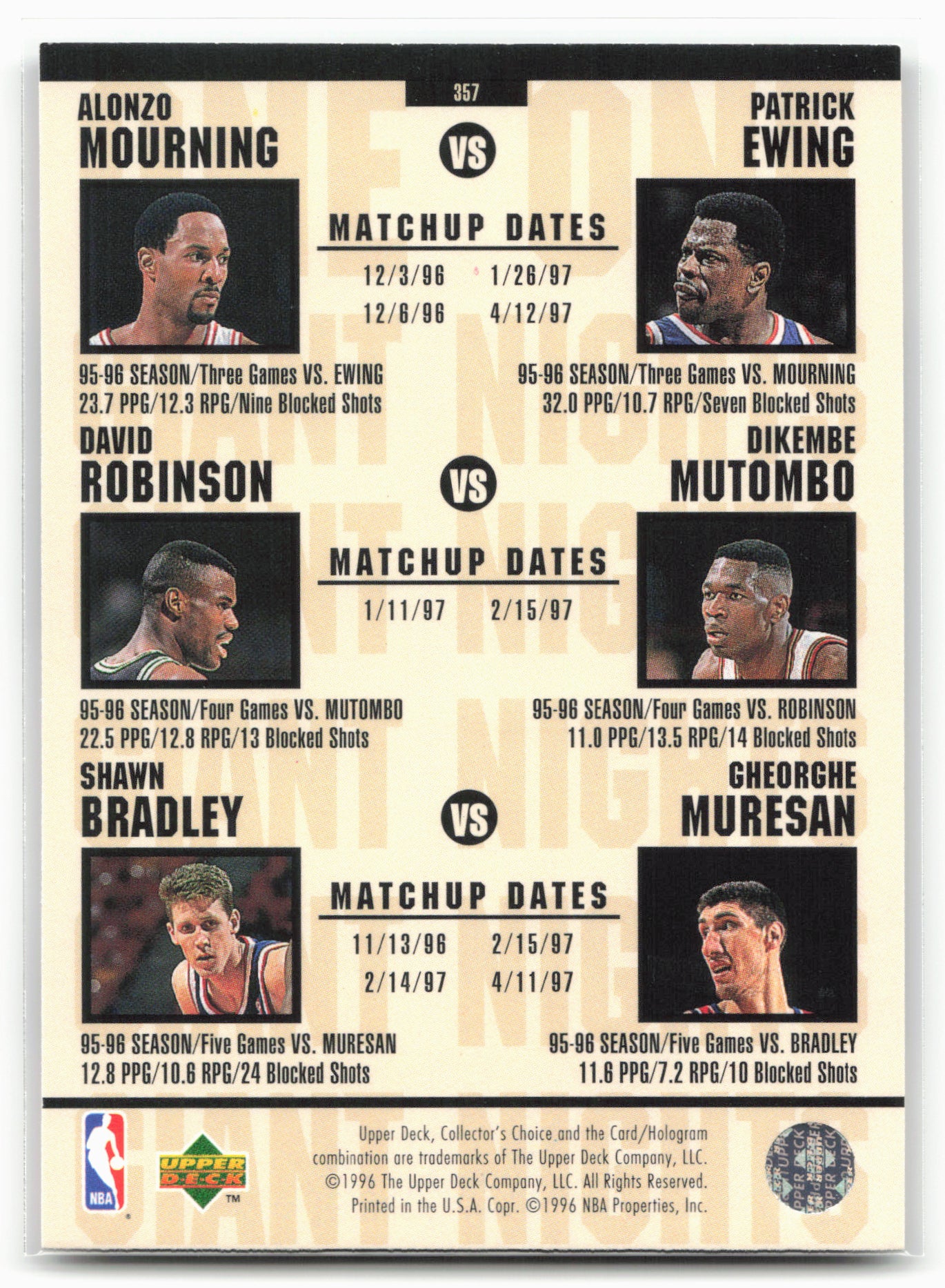 1996-97 Collector's Choice #357 Olajuwon/O'Neal/Mourning/Ewing/Robinson/Mutombo