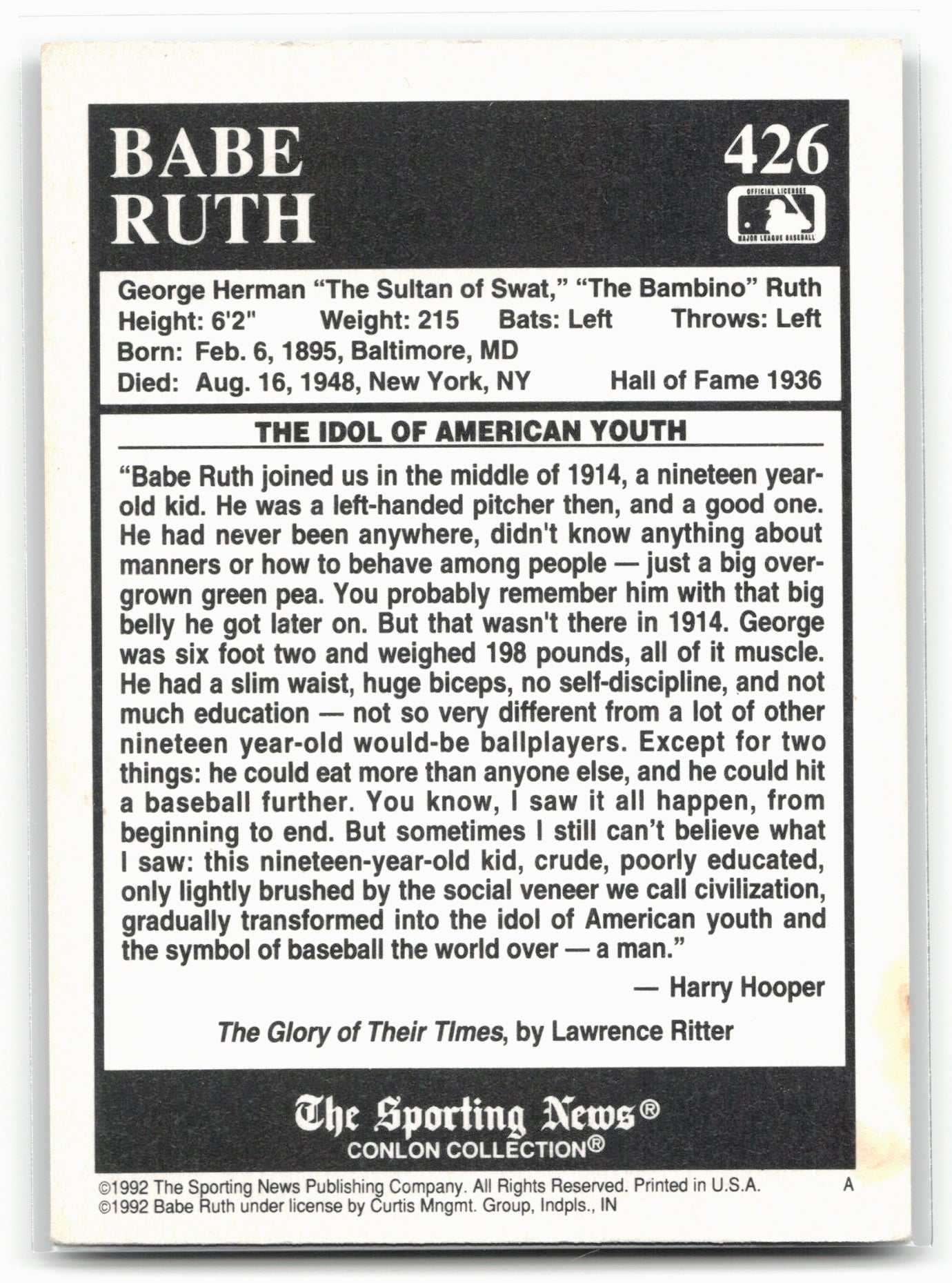 1992 Conlon Collection TSN #426 Babe Ruth "HALL OF FAME" Banner on Front