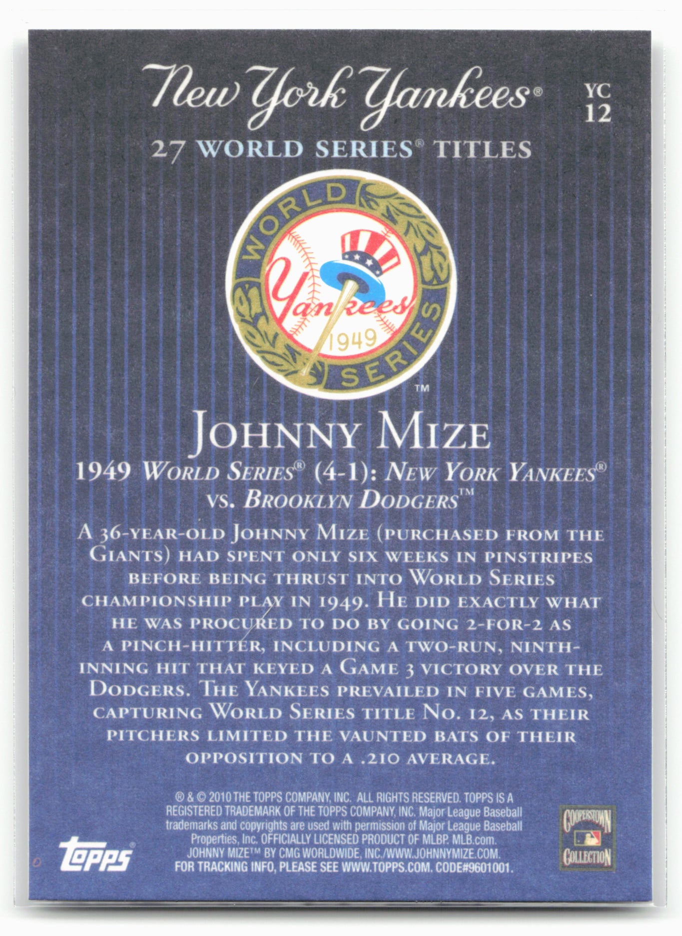 2010 Topps New York Yankees 27 World Series Championships #YC12 Johnny Mize