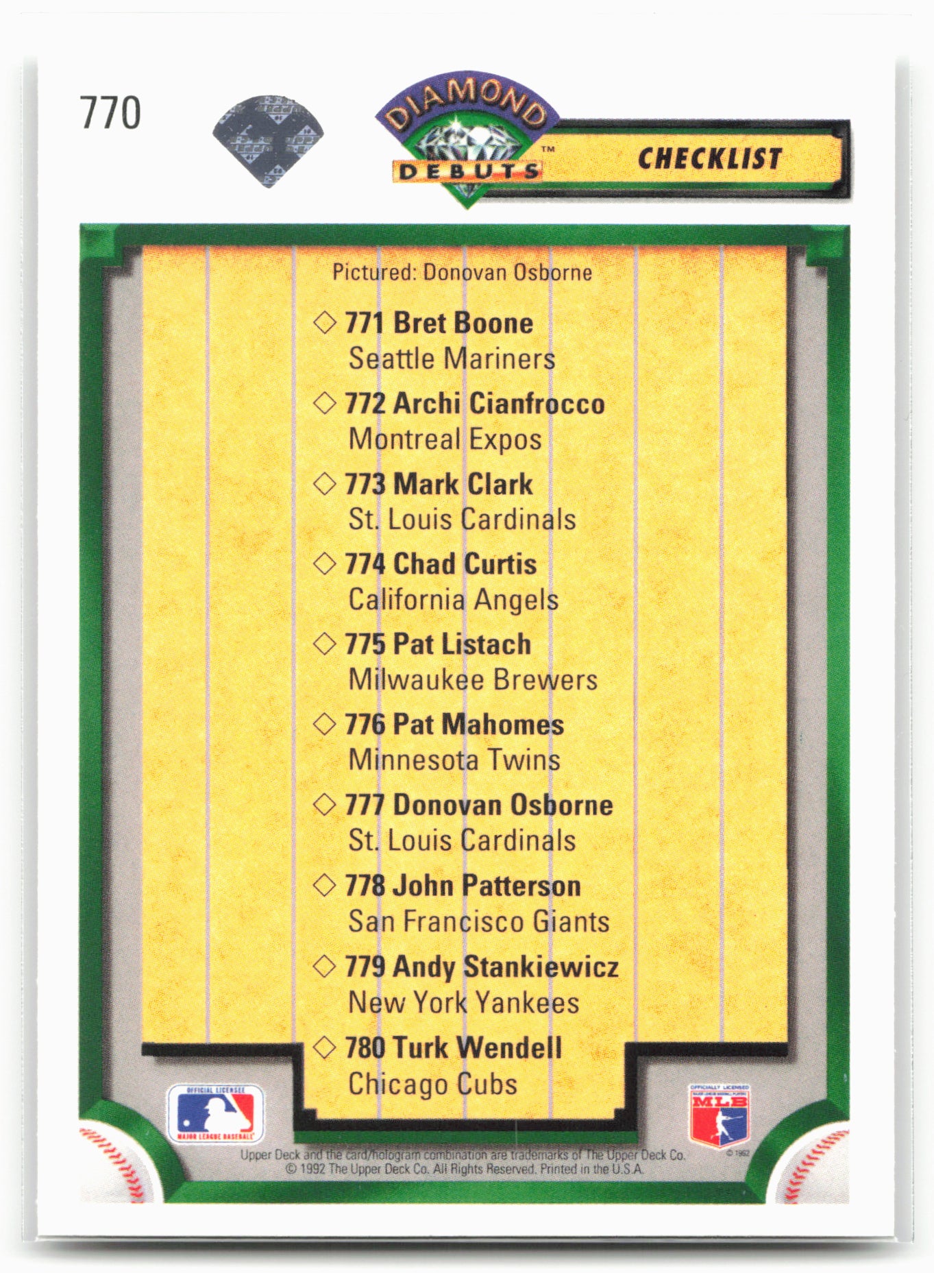 1992 Upper Deck #770 Diamond Debuts Checklist (Donovan Osborne) 21925