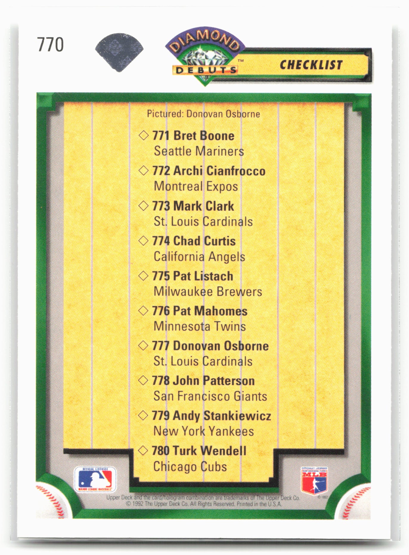1992 Upper Deck #770 Diamond Debuts Checklist (Donovan Osborne)