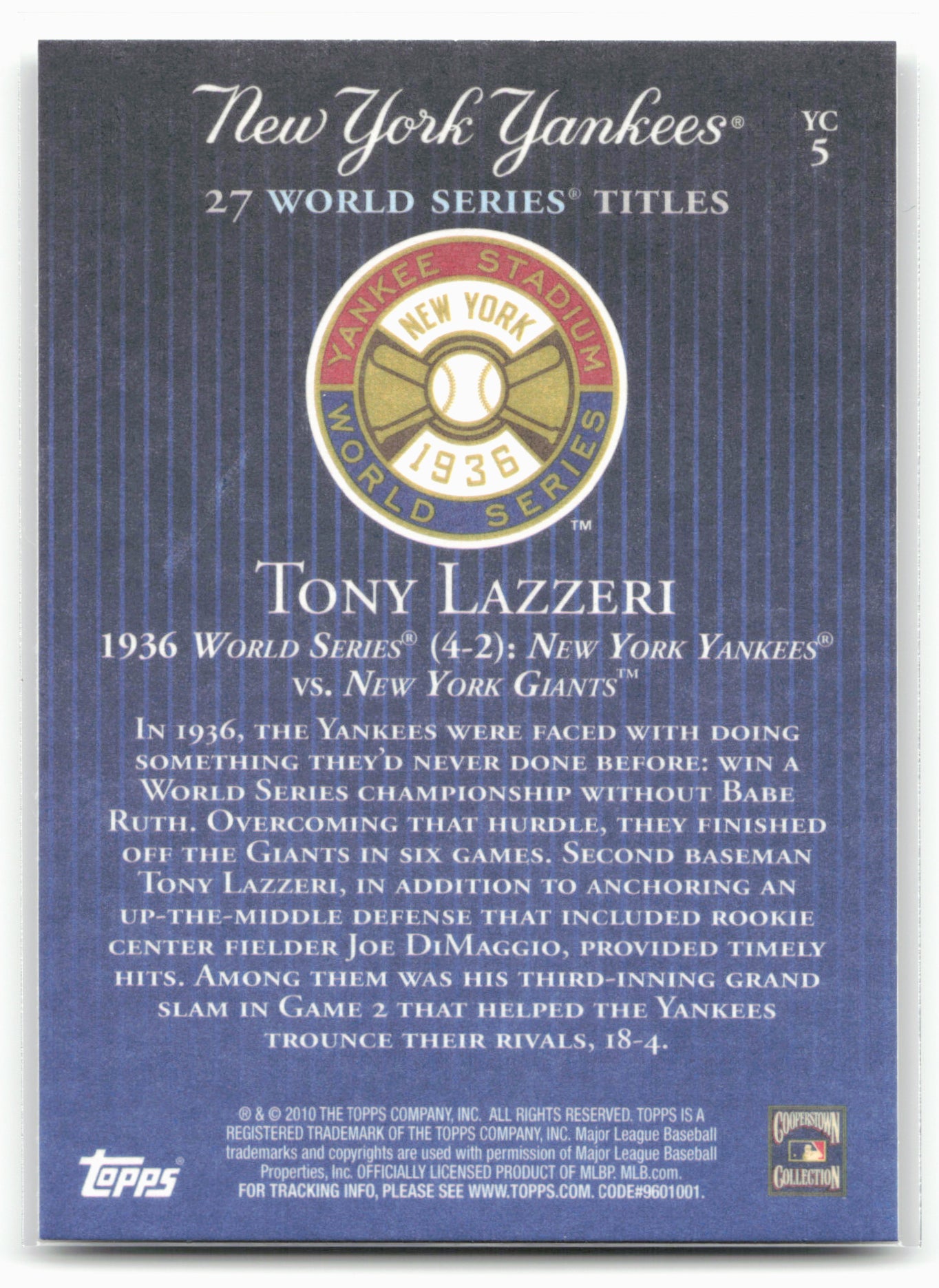 2010 Topps New York Yankees 27 World Series Championships #YC5 Tony Lazzeri