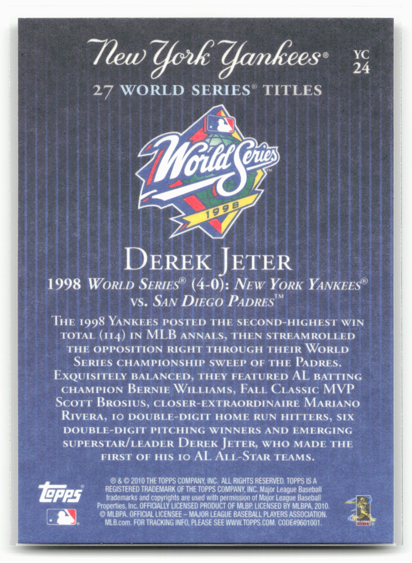 2010 Topps New York Yankees 27 World Series Championships #YC24 Derek Jeter