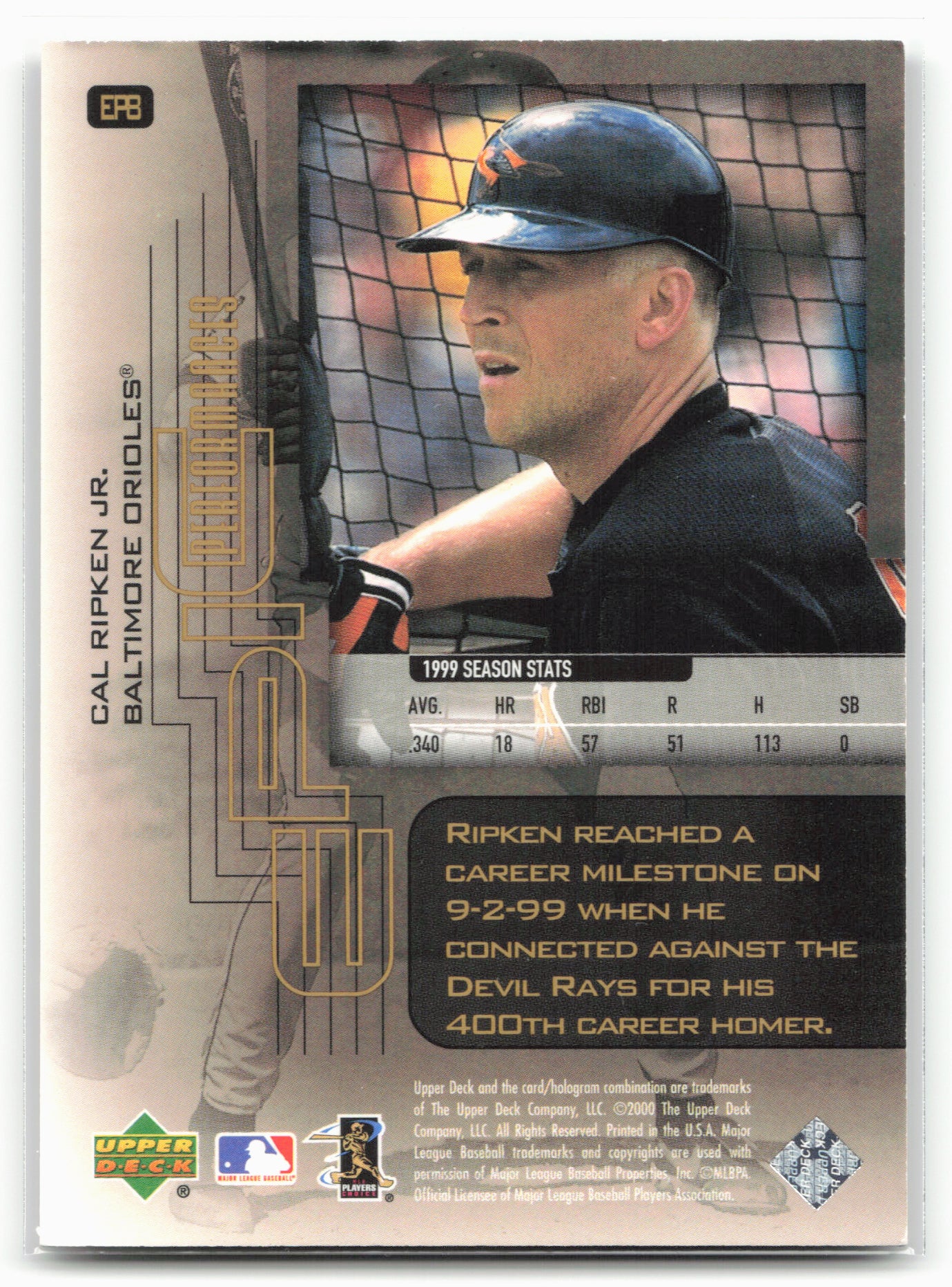 2000 Upper Deck Hitter's Club #EP8 Cal Ripken Jr. Epic Performances