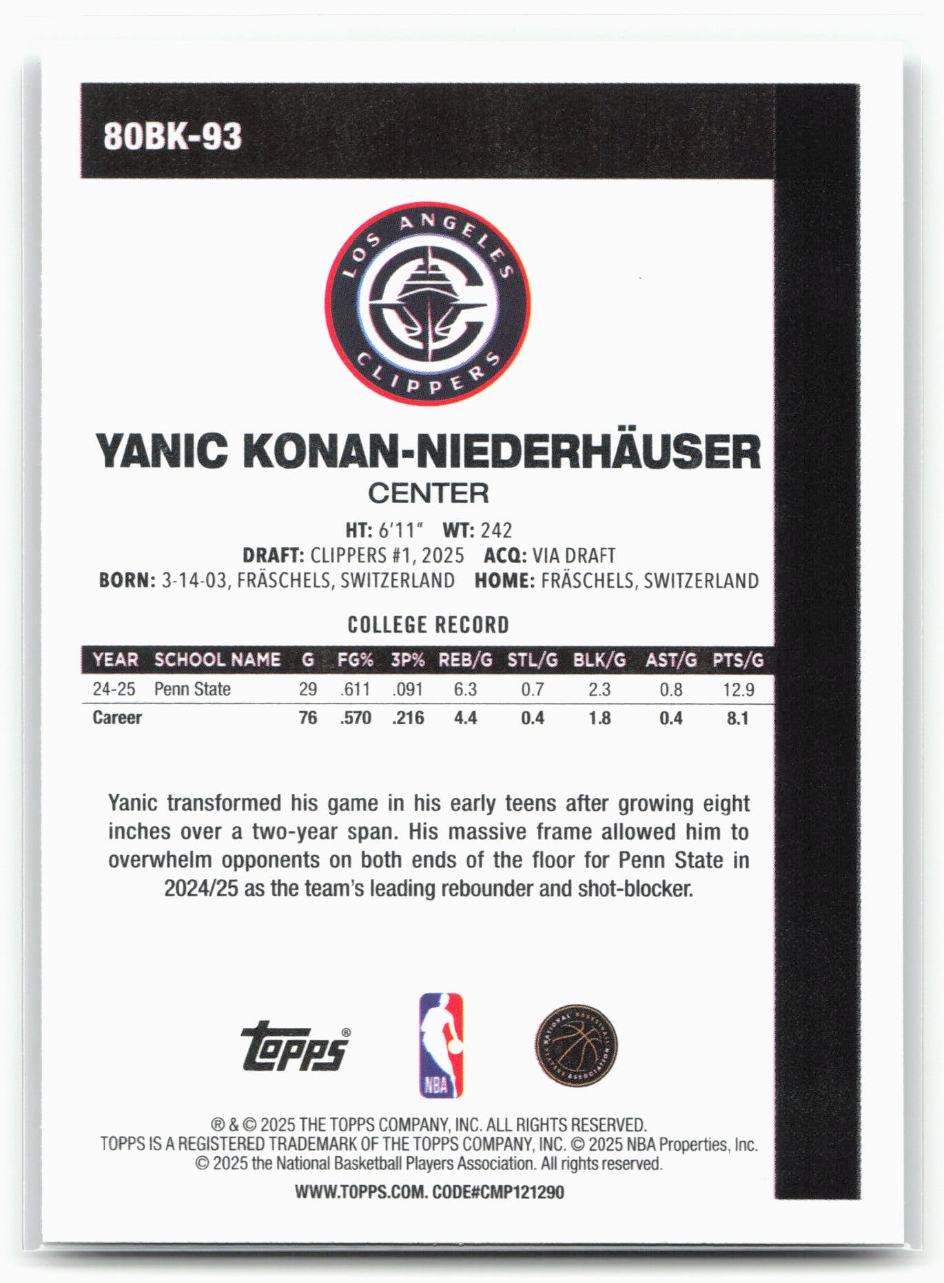 2025-26 Topps #80BK-93 Yanic Konan-Niederhäuser 1980-81 Topps Basketball