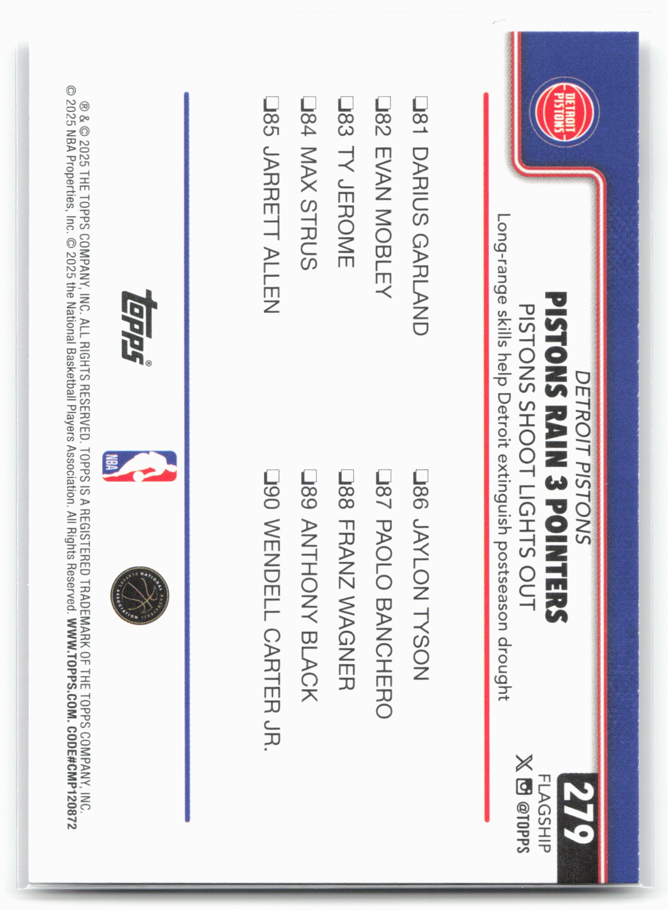 2025-26 Topps #279 Pistons Rain 3 Pointers: Pistons Shoot Lights Out