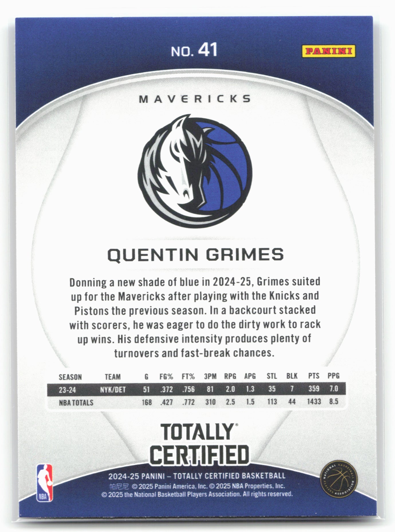 2024-25 Panini Totally Certified #41 Quentin Grimes Mirror Maroon 23221