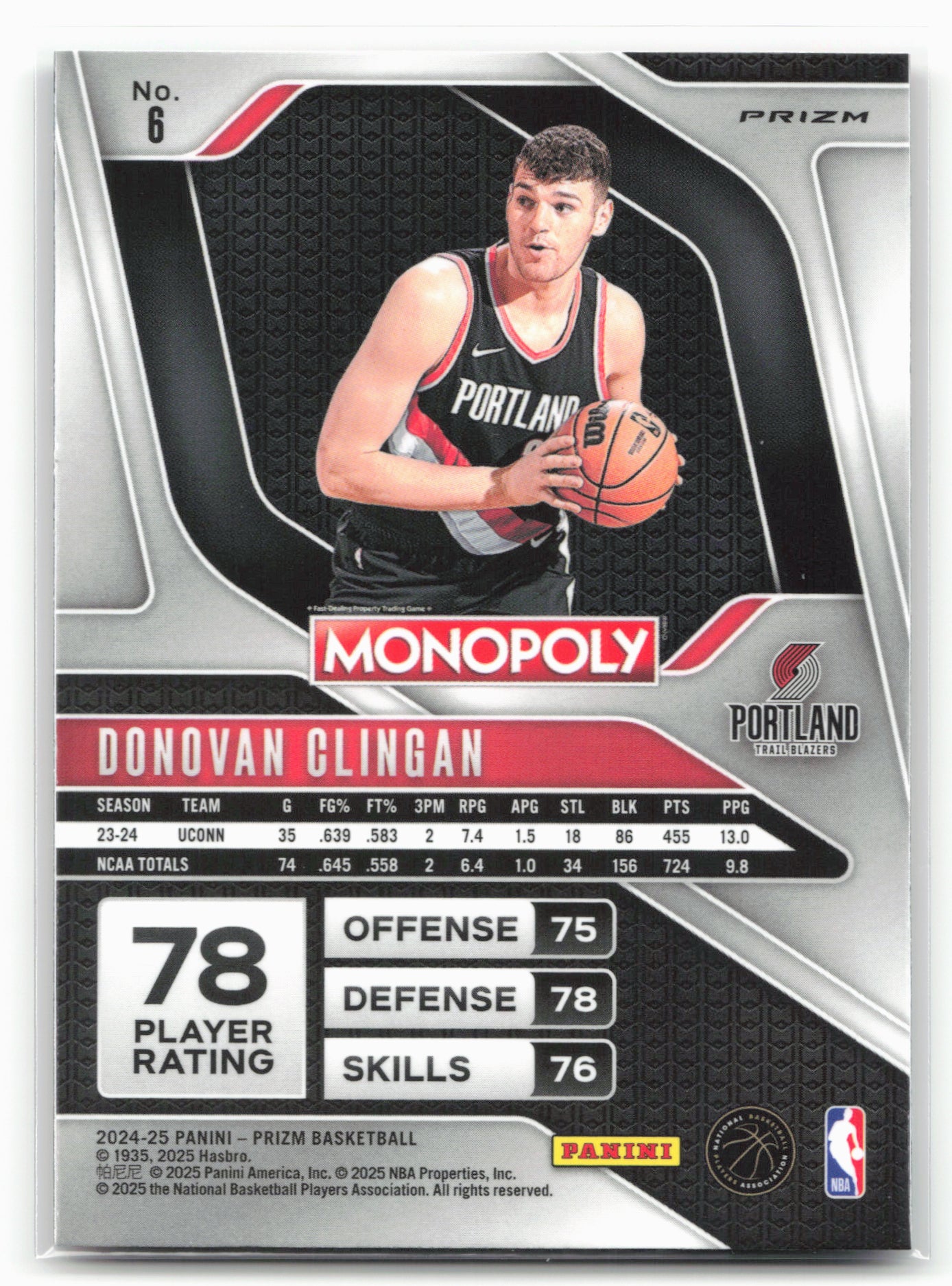 2024-25 Panini Prizm Monopoly #6 Donovan Clingan Red Prizms