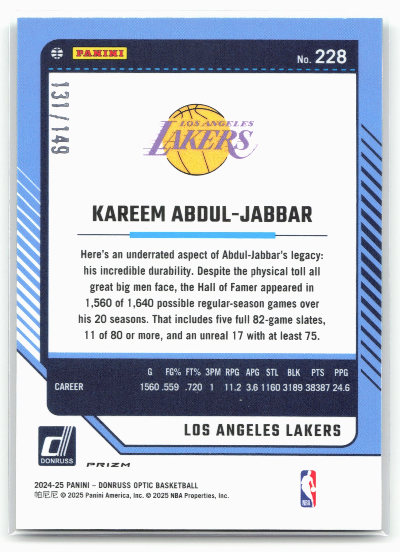 2024-25 Donruss Optic #228 Kareem Abdul-Jabbar Green Shock #/149