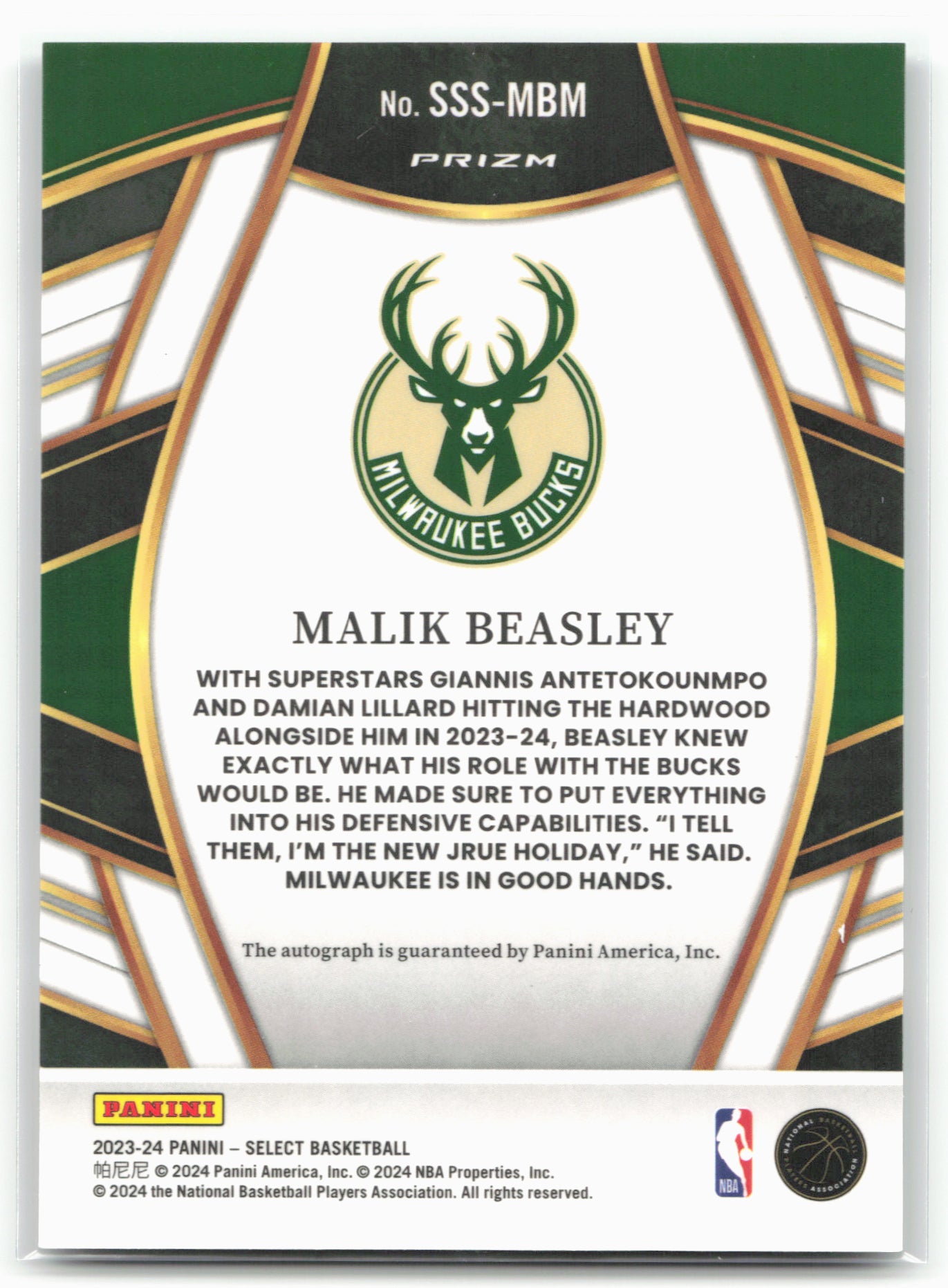 2023-24 Panini Select #SSS-MBM Malik Beasley Signature Selections