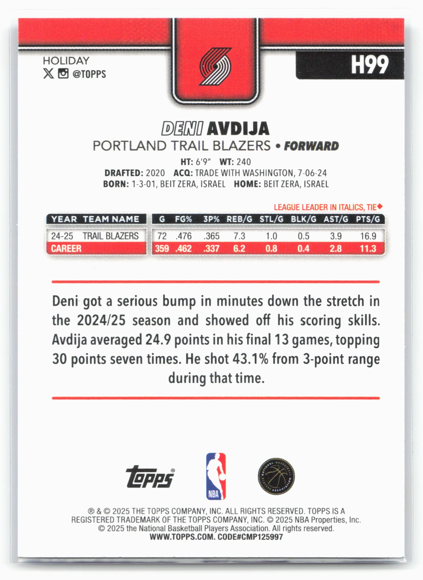 2025-26 Topps Holiday #H99 Deni Avdija Light Blue and White Glitter Holiday