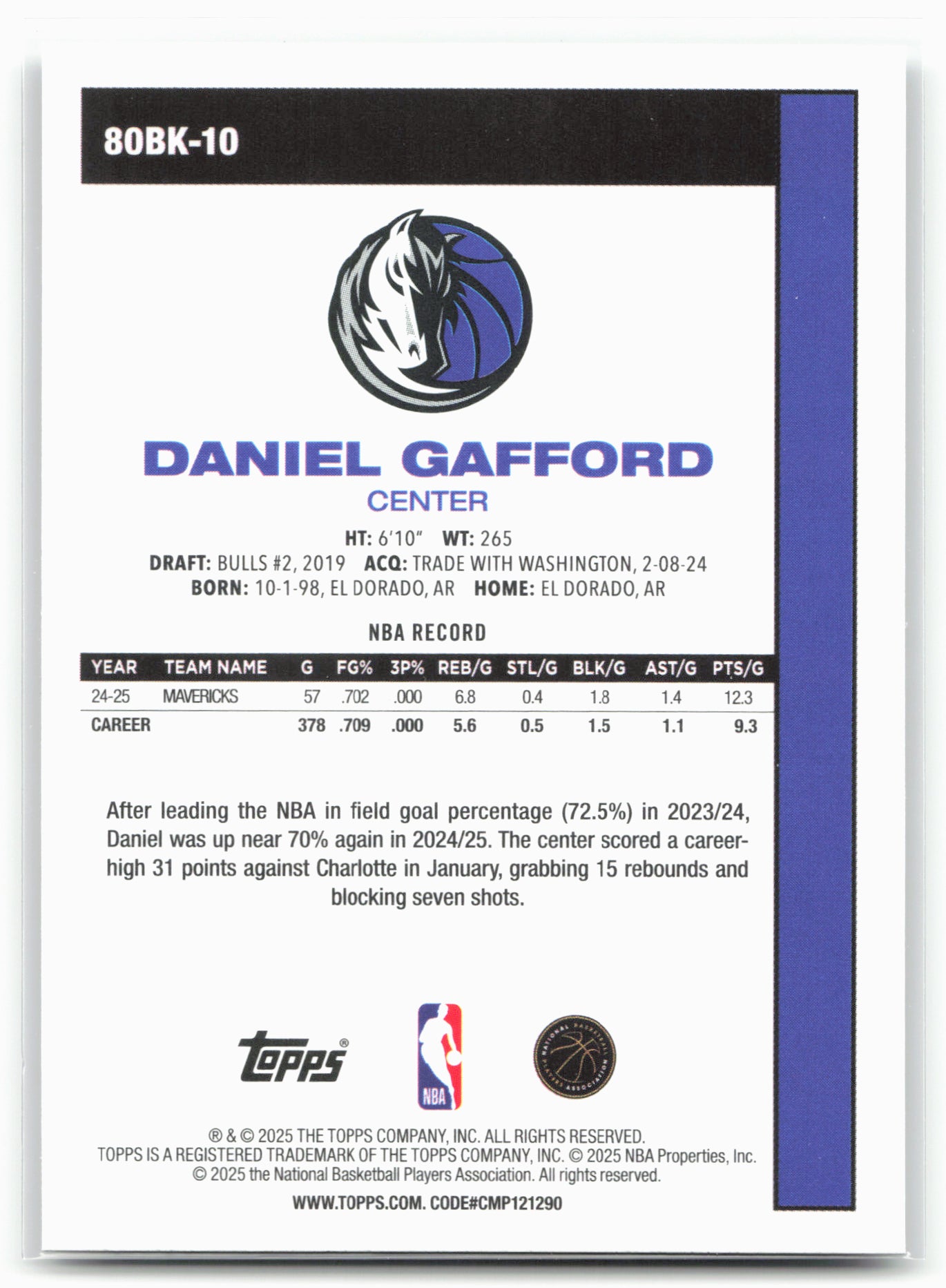 2025-26 Topps #80BK-10 Daniel Gafford 1980-81 Topps Basketball