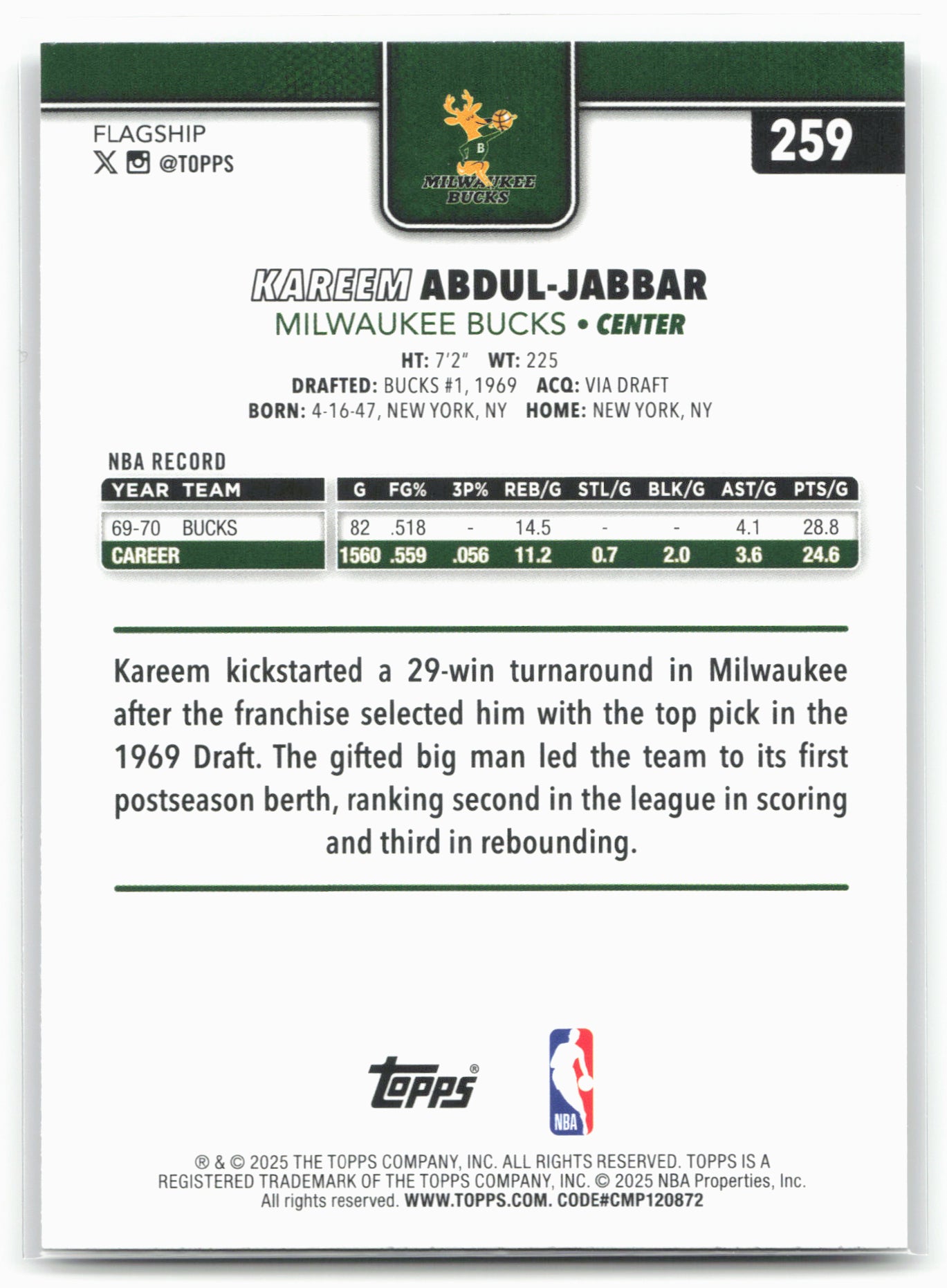2025-26 Topps #259 Kareem Abdul-Jabbar Rainbow Foilboard 23888