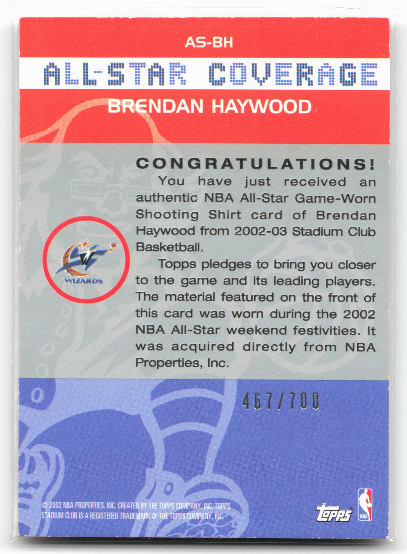 2002-03 Stadium Club #AS-BH Brendan Haywood All-Star Coverage Relics #/700