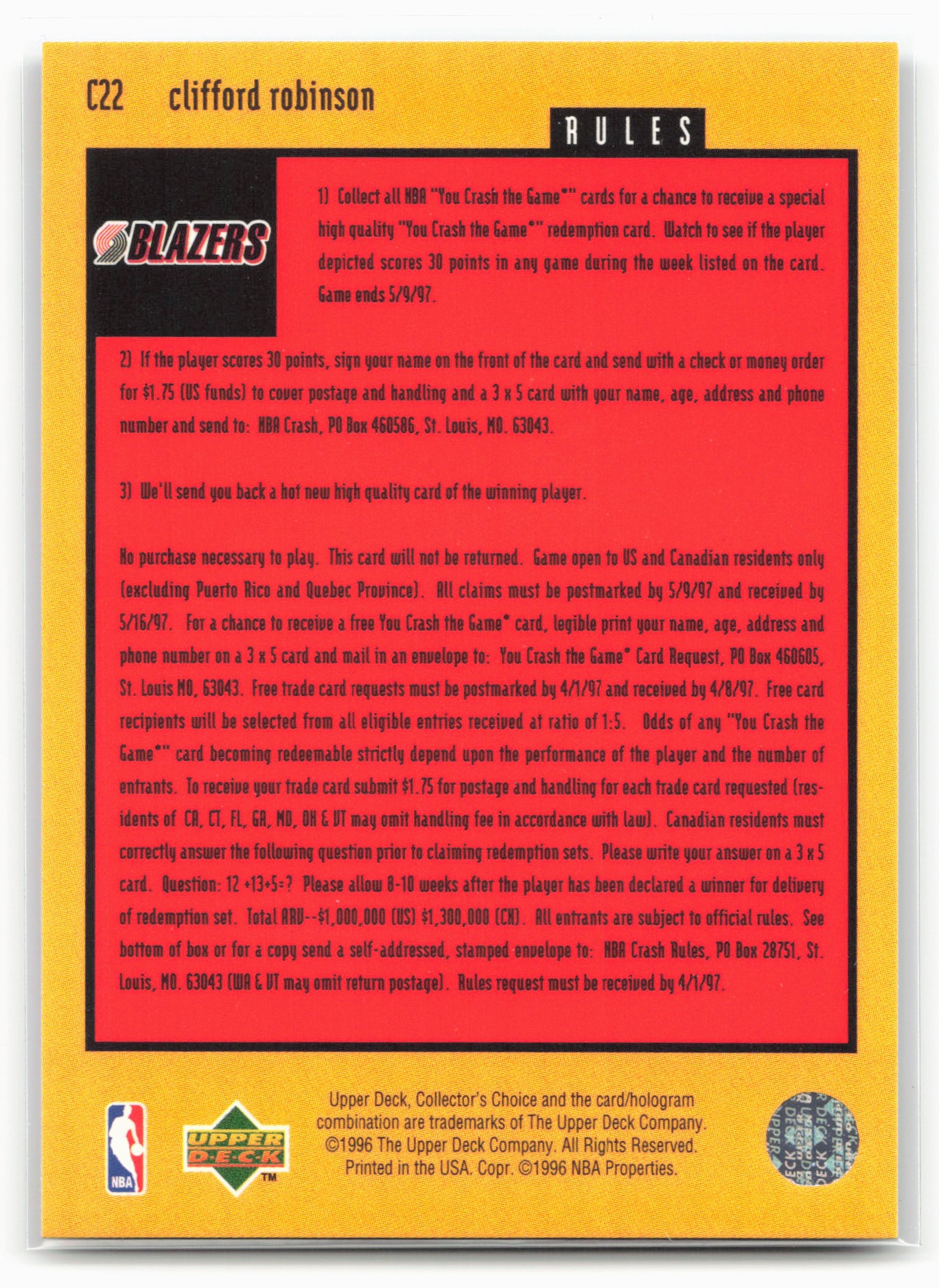 1996-97 Collector's Choice French #C22a Clifford Robinson You Crash the Game