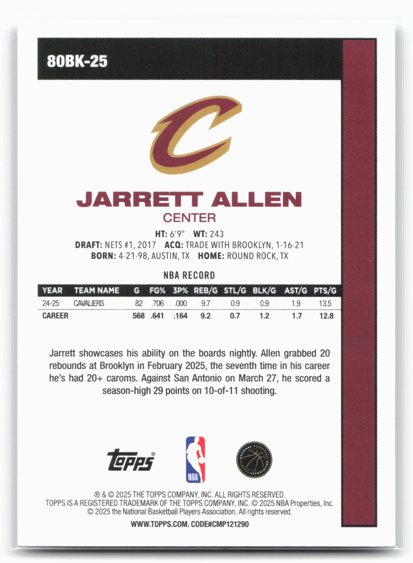 2025-26 Topps #80BK-25 Jarrett Allen 1980-81 Topps Basketball