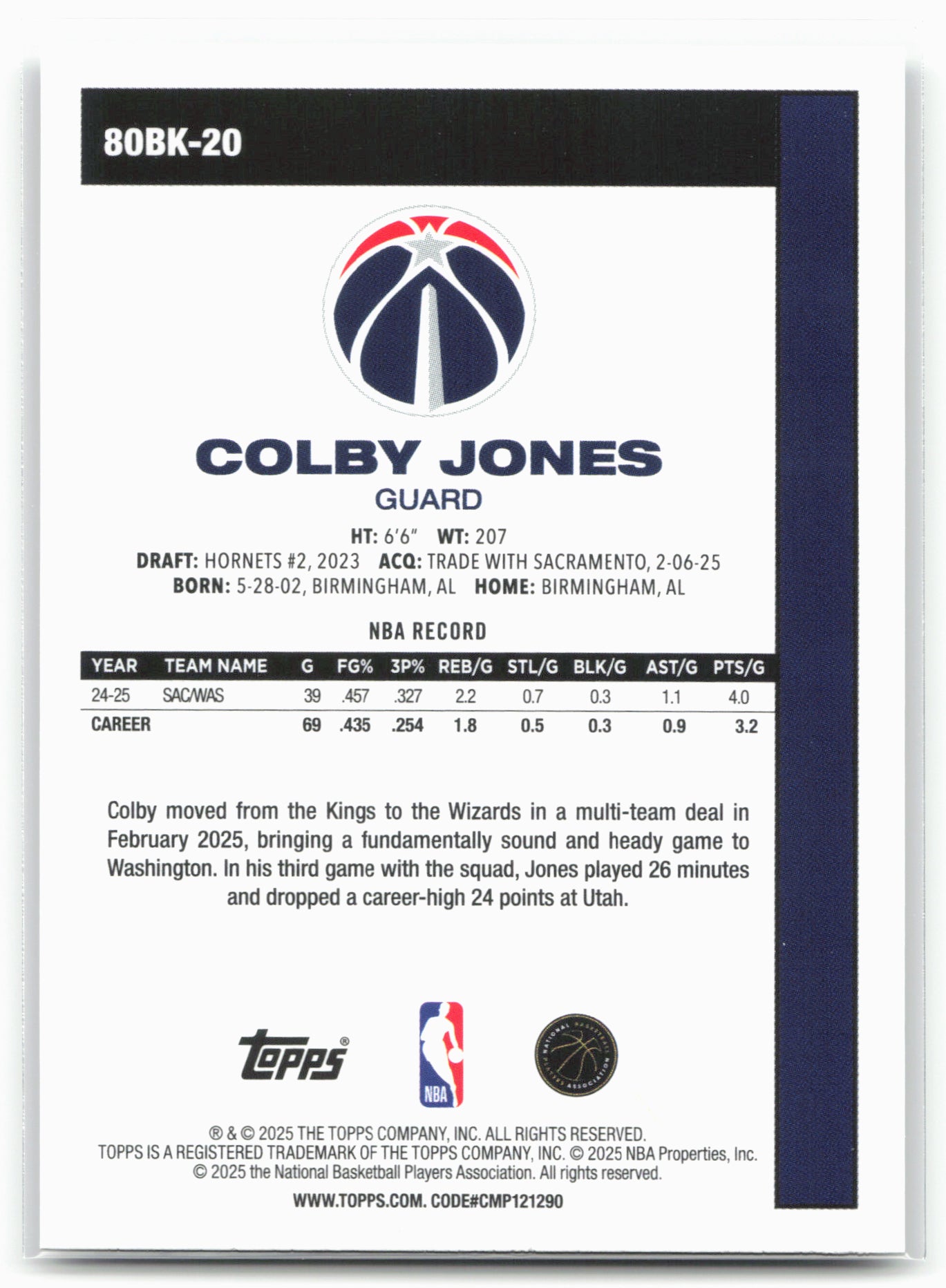 2025-26 Topps #80BK-20 Colby Jones 1980-81 Topps Basketball 24255