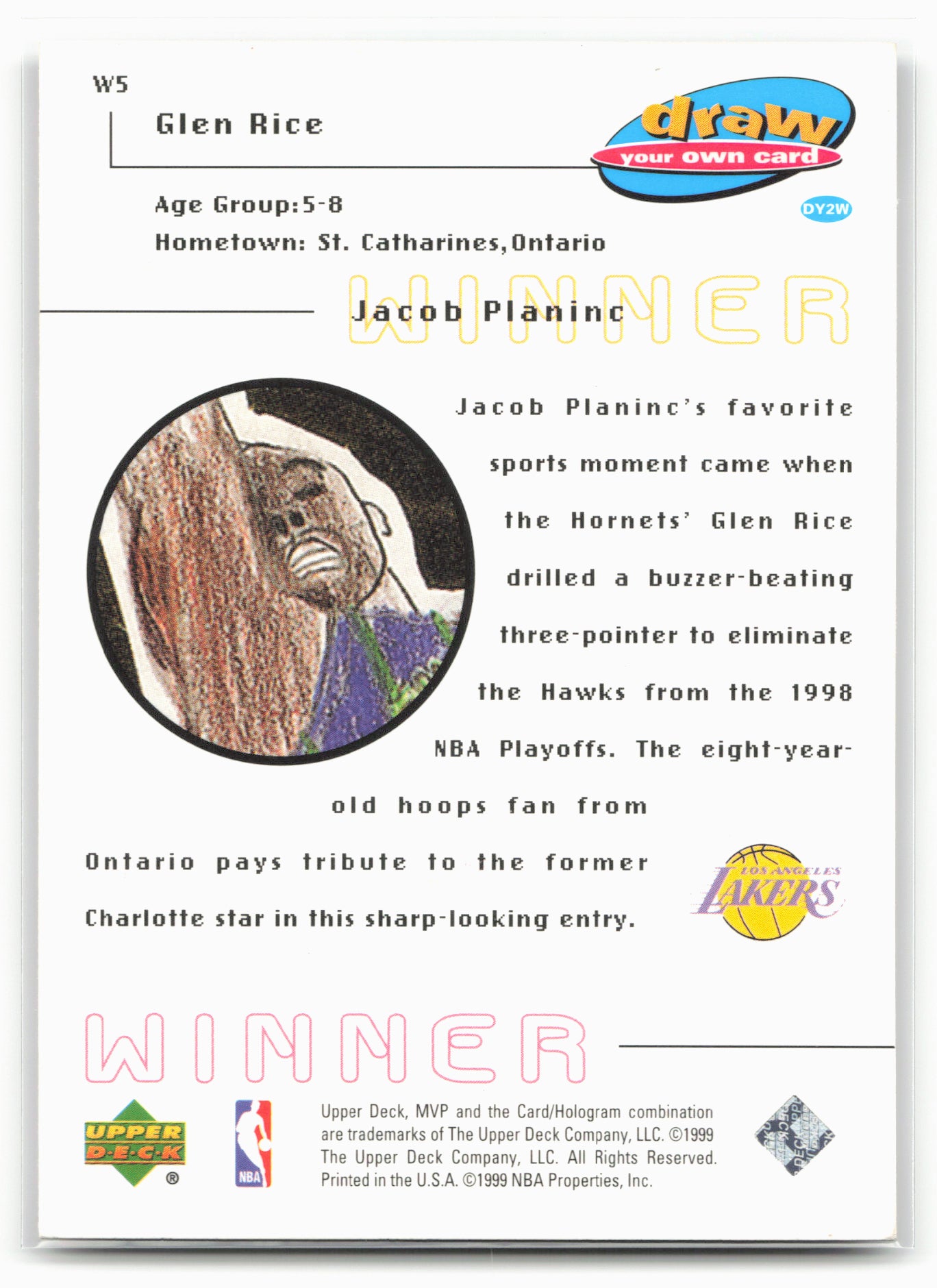 1999-00 Upper Deck MVP #W5 Glen Rice Draw Your Own Trading Card Winner