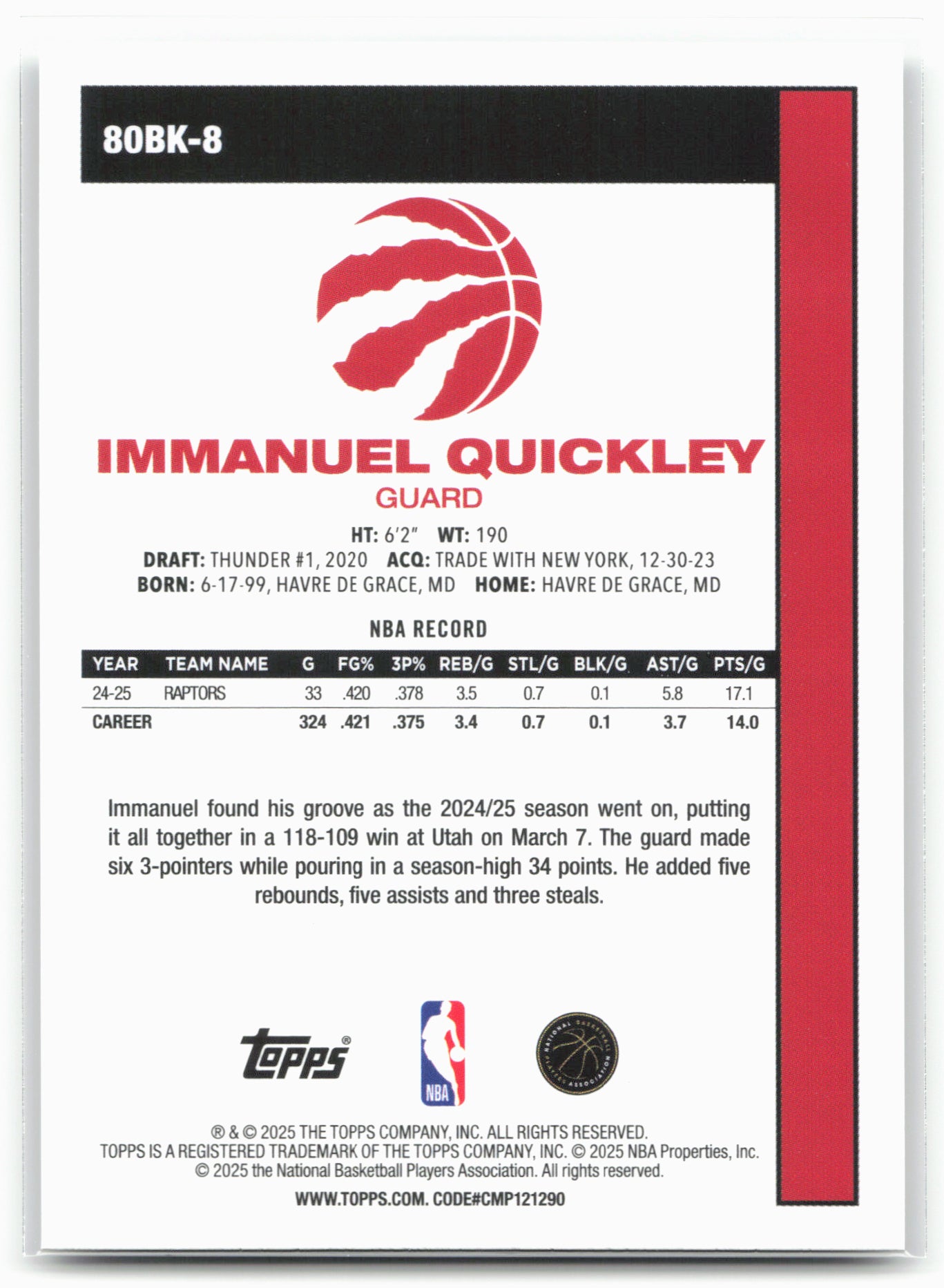 2025-26 Topps #80BK-8 Immanuel Quickley 1980-81 Topps Basketball 25012