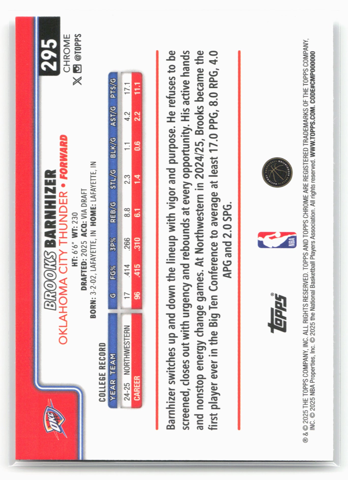 2025-26 Topps Chrome #295 Brooks Barnhizer RayWave Refractors