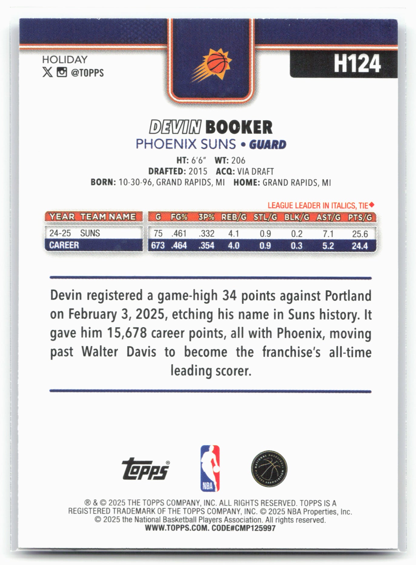 2025-26 Topps Holiday #H124 Devin Booker Blue Metallic Glitter Holiday