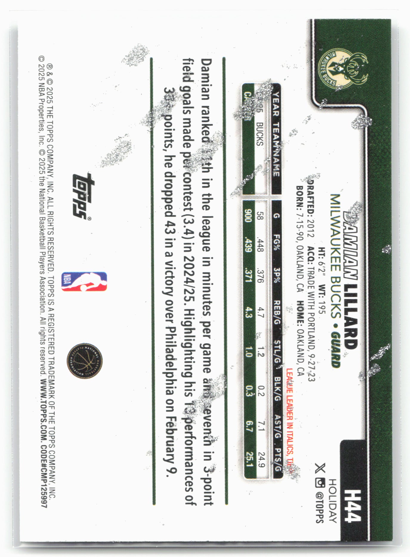 2025-26 Topps Holiday #H44 Damian Lillard Glitter Holiday 25125