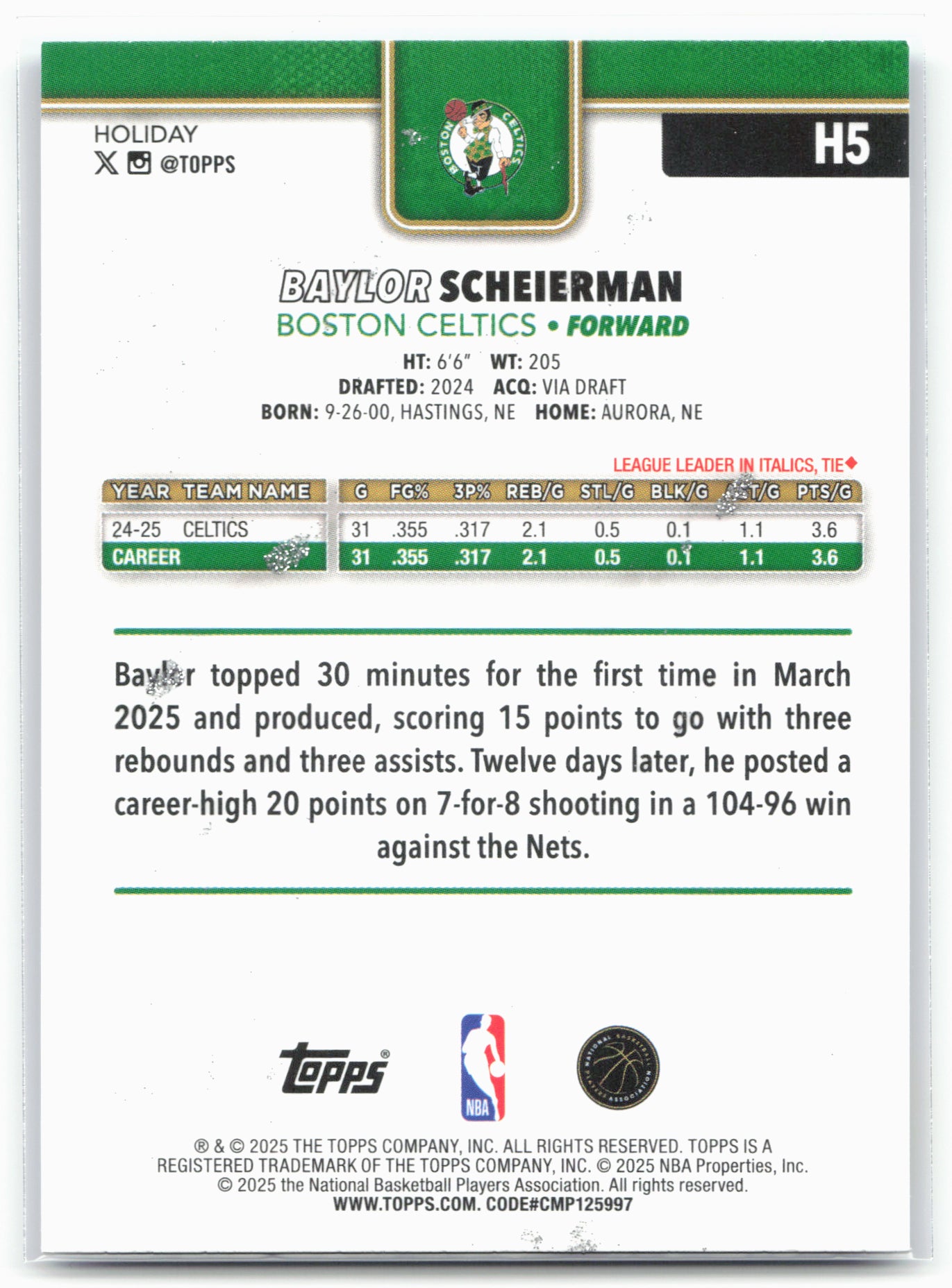 2025-26 Topps Holiday #H5 Baylor Scheierman Light Blue Glitter Holiday 25129