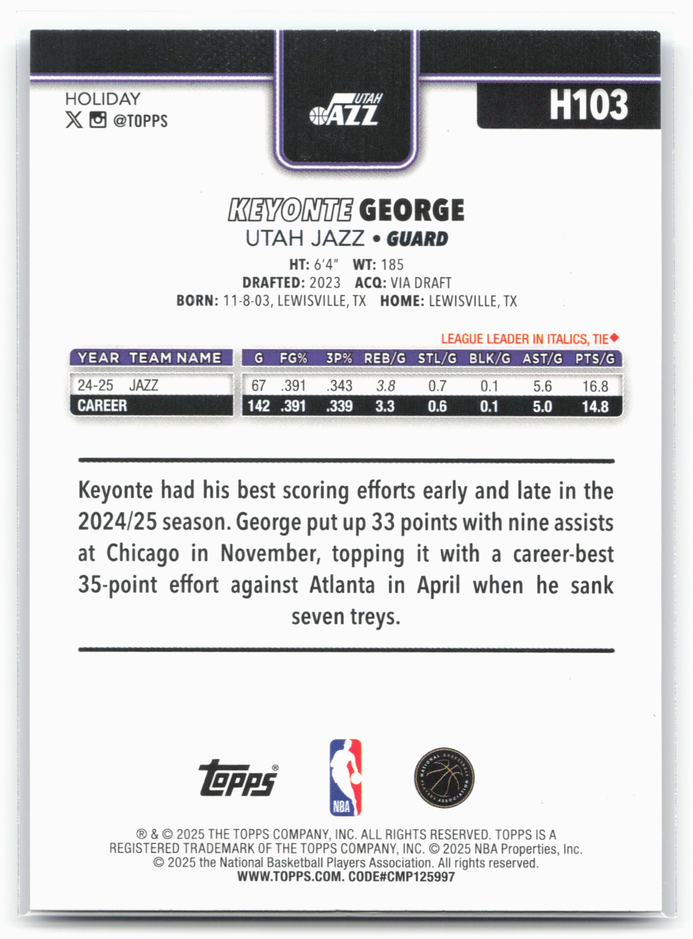 2025-26 Topps Holiday #H103 Keyonte George Blue Metallic Glitter Holiday 25131