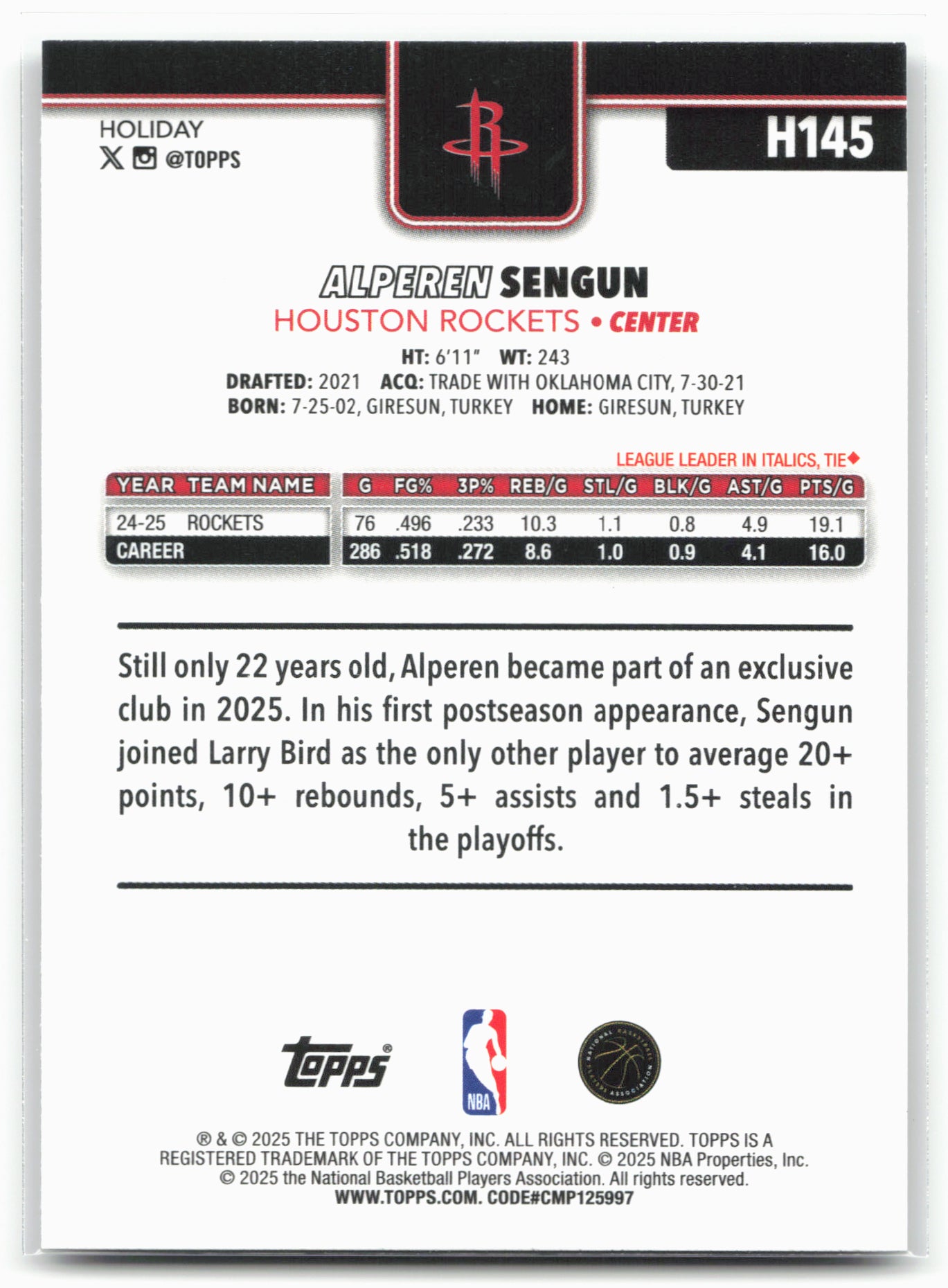 2025-26 Topps Holiday #H145 Alperen Sengun Glitter Holiday 25134