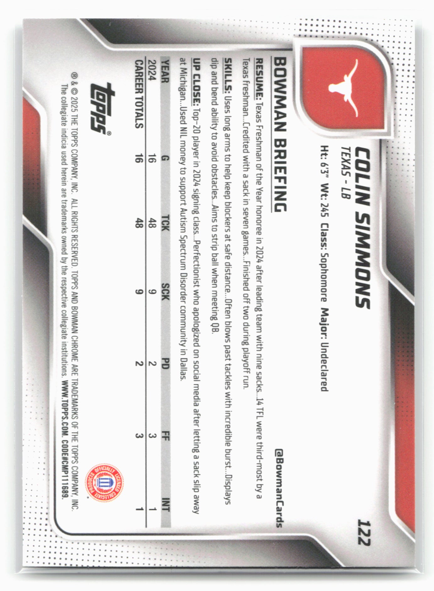 2025 Bowman University Chrome #122 Colin Simmons Shimmer Refractor