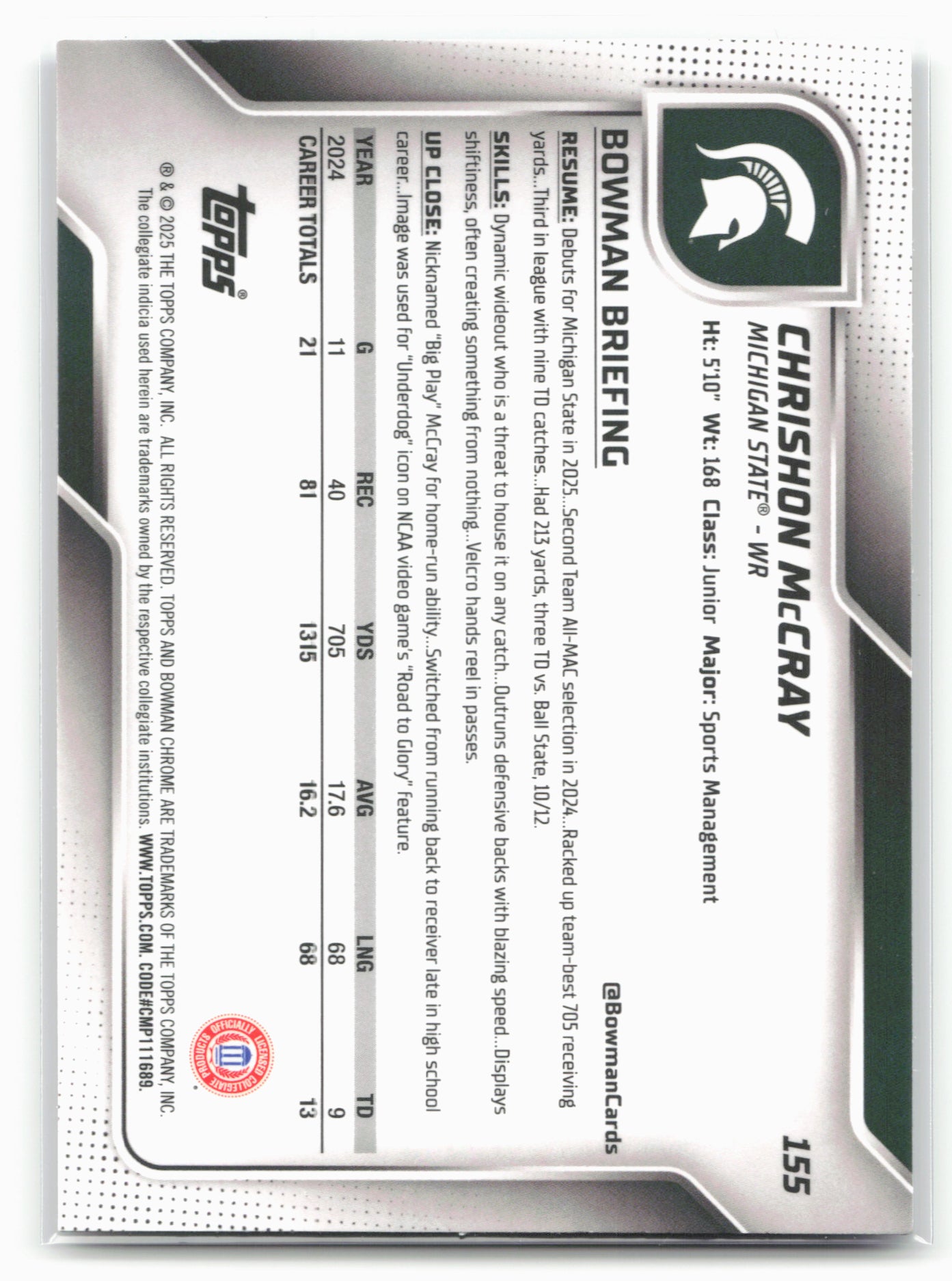 2025 Bowman University Chrome #155 Chrishon McCray Purple Shimmer Refractor #/75