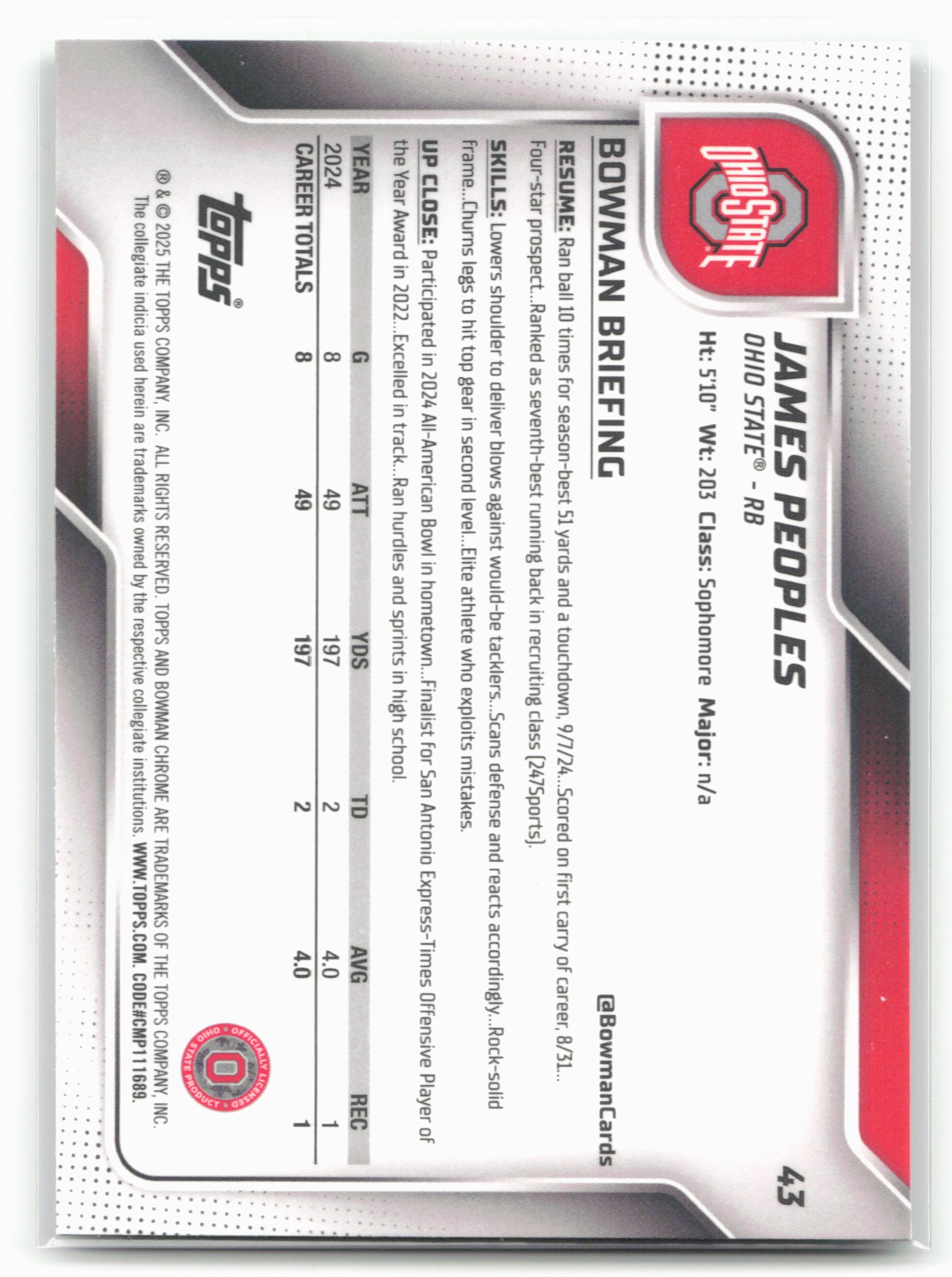 2025 Bowman University Chrome #43 James Peoples Lime Green Mini-Diamond #/275