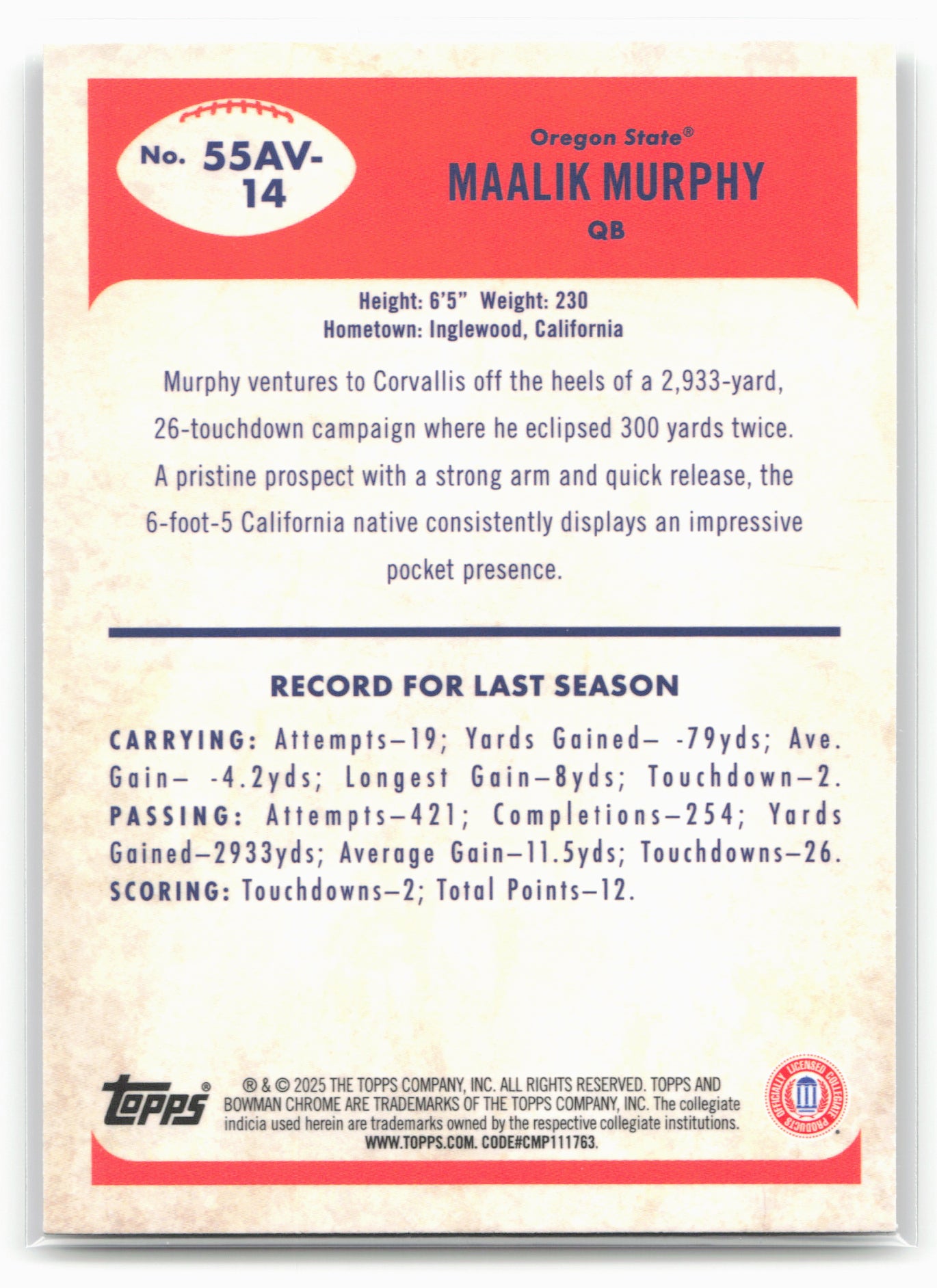 2025 Bowman University Chrome #55AV-14 Maalik Murphy 1955 Bowman Football