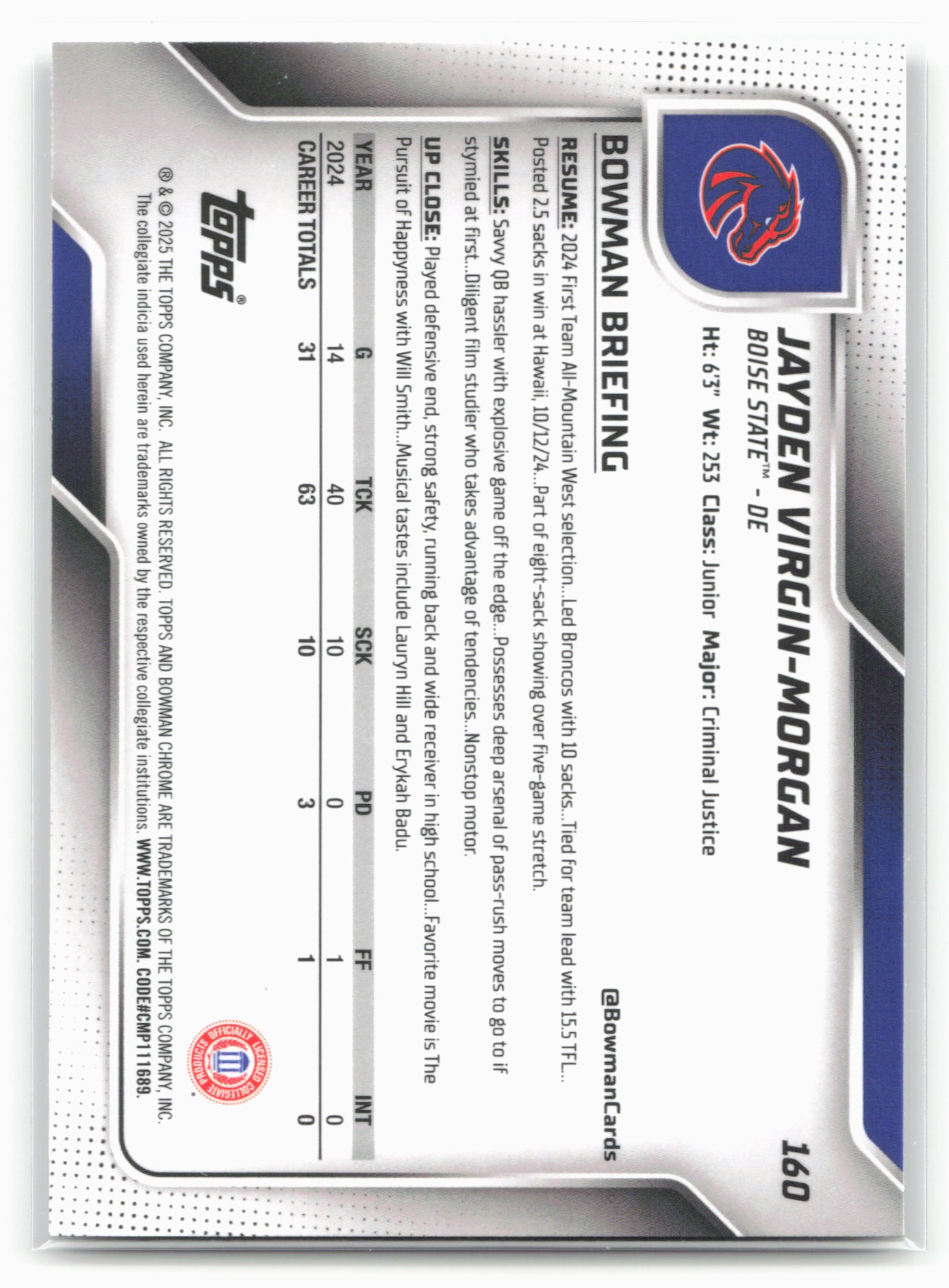 2025 Bowman University Chrome #160 Jayden Virgin-Morgan