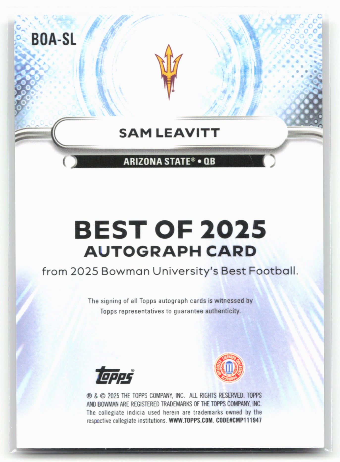 2025 Bowman University Best #BOA-SL Sam Leavitt Autographs Green Diamond #/99