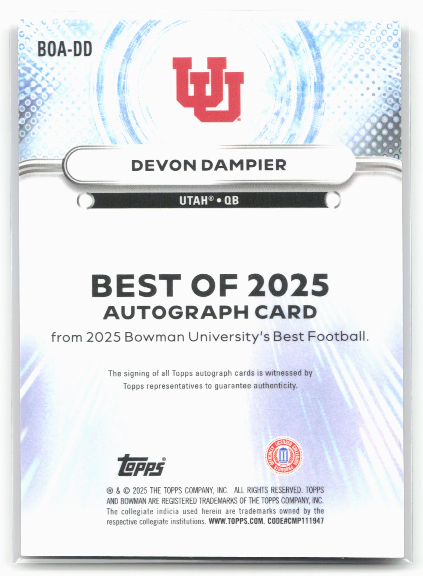 2025 Bowman University Best #BOA-DD Devon Dampier Best Of Blue #/150