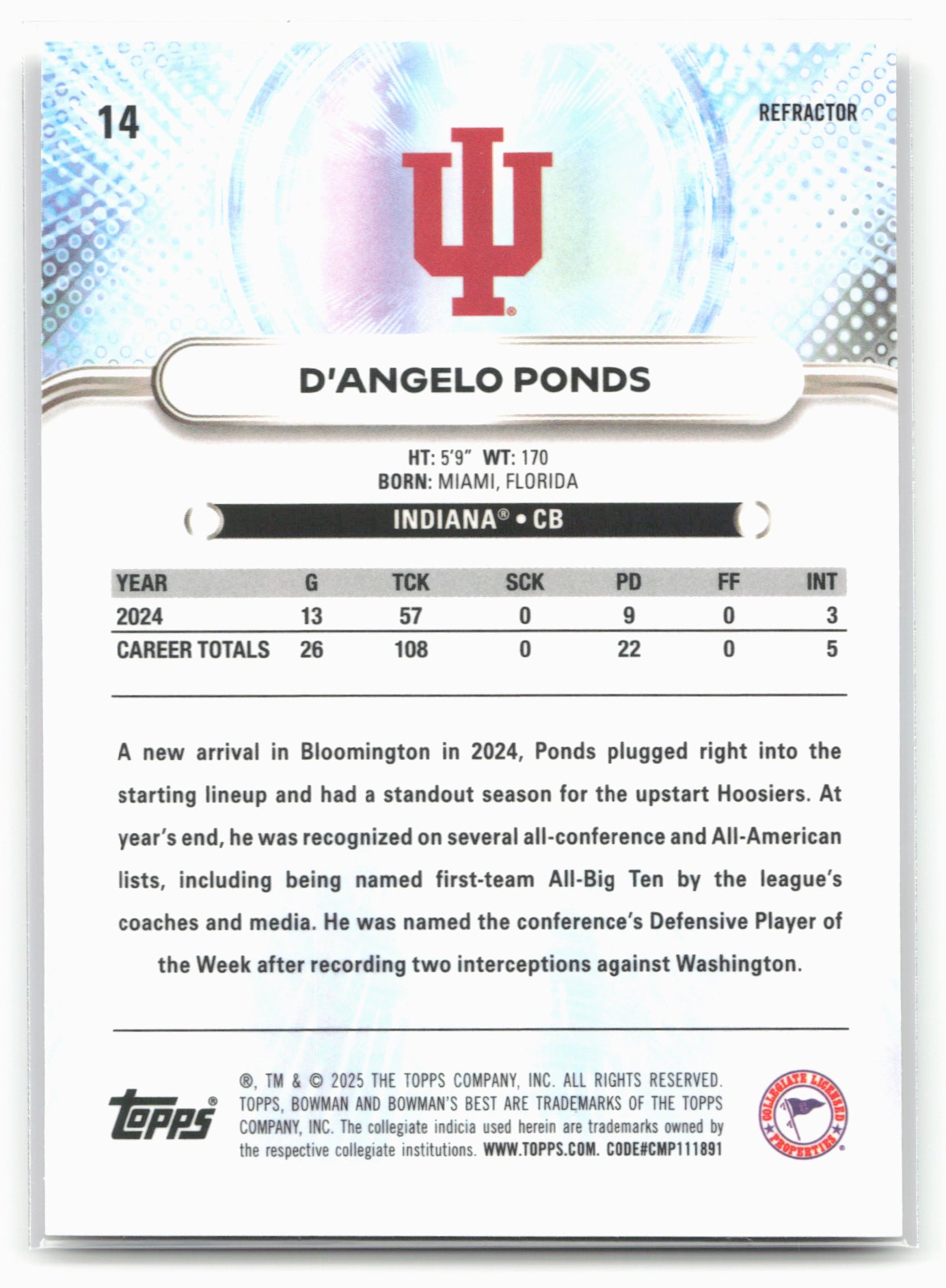 2025 Bowman University Best #14 D'Angelo Ponds Refractor 25251
