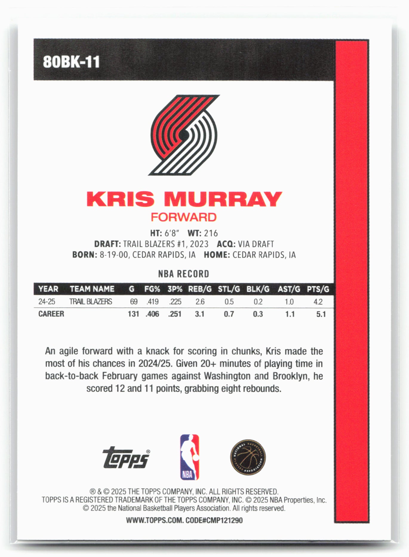 2025-26 Topps #80BK-11 Kris Murray 1980-81 Topps Basketball 25578