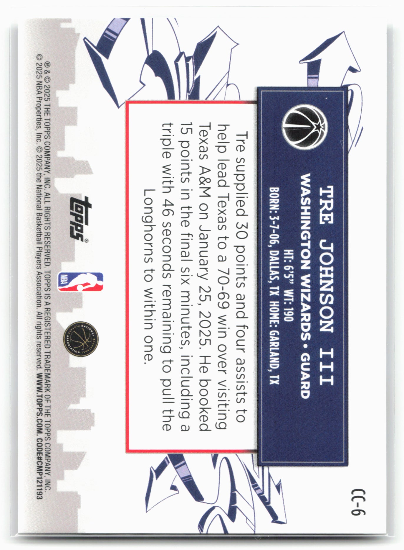 2025-26 Topps #CC-6 Tre Johnson III Clutch City Prospects 25590